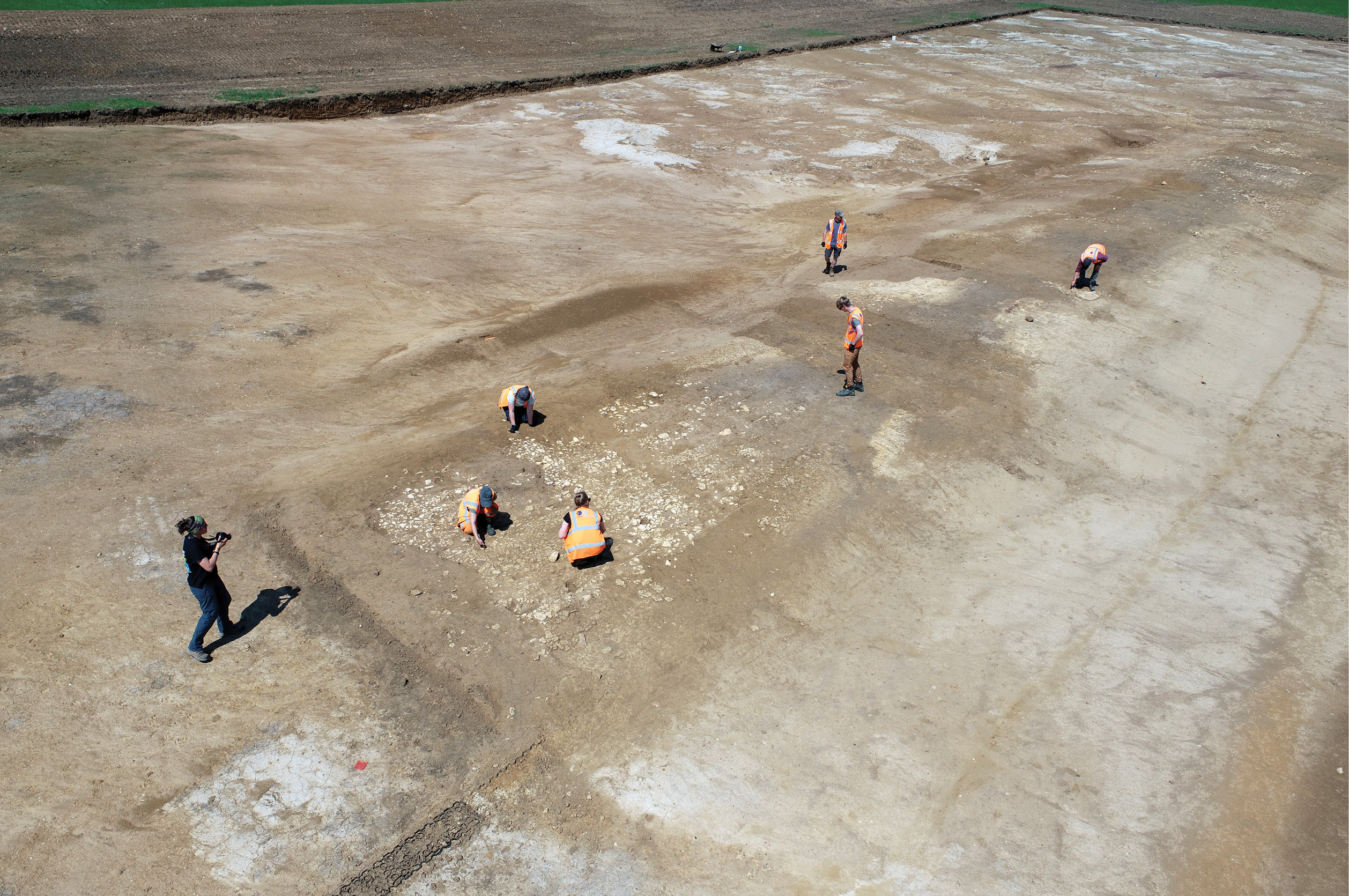 opposite Overlooking the excavation of a Roman road associated with Priors Hall villa near Corby, Northamptonshire. above This plan shows the three main excavation zones that were explored in the latest investigations. They surround the location of the villa remains that were uncovered during previous work.