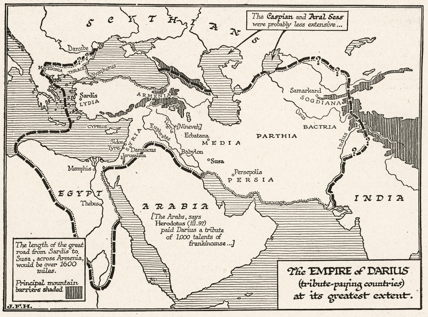 ABOVE The Persian Empire of the 6th and 5th centuries BC. The map shows Persian control over today’s Afghanistan (Bactria), as well as today’s Tajikistan, western Turkmenistan, and Uzbekistan (Sogdiana). But Cyrus, the great conqueror who created this empire, perished here, and the Persian surge was halted. Inset A relief sculpture of a Persian archer and spearman.