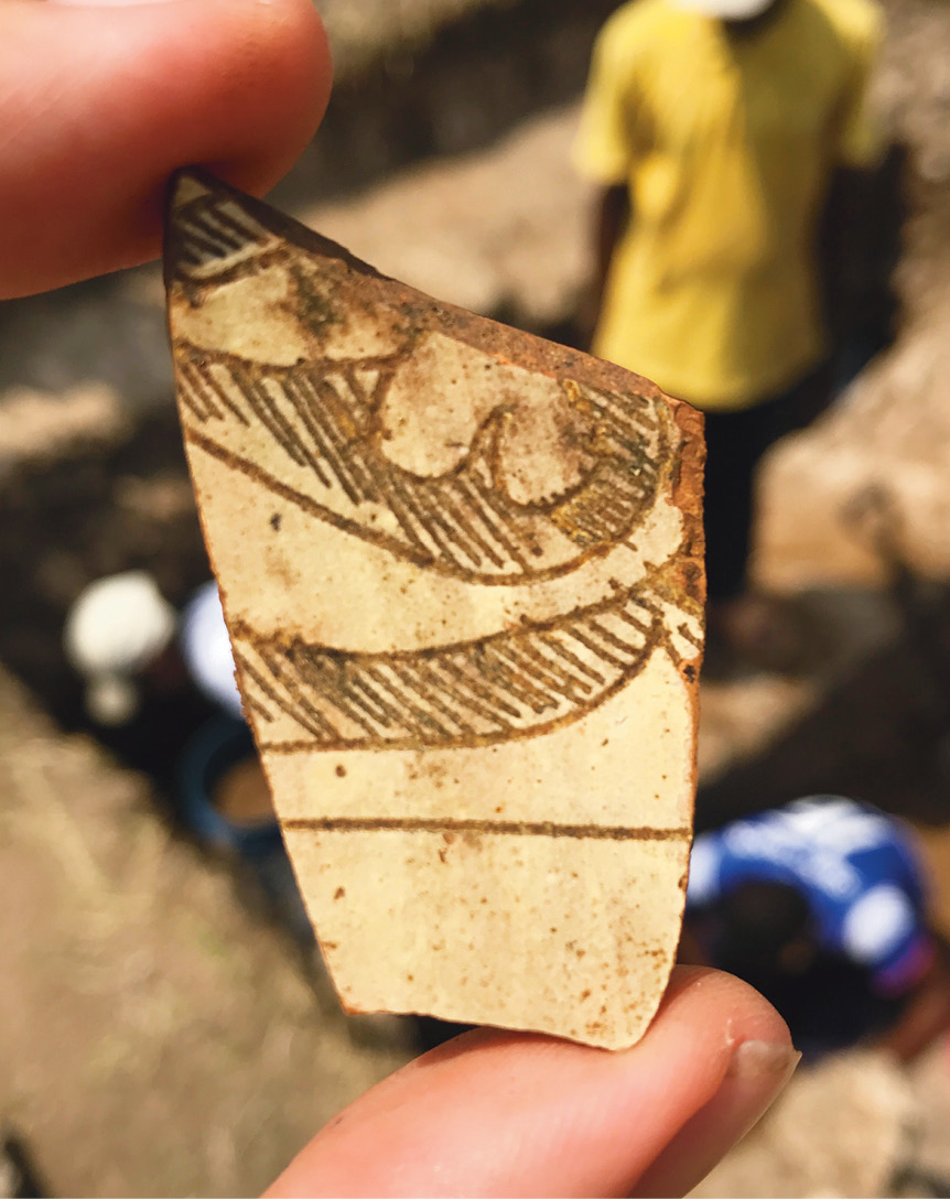 ABOVE Sgraffiato ceramics from south-east Persia, made between the 11th and 13th centuries. ABOVE RIGHT Traditional Swahili daub houses at the modern village of Unguja Ukuu.