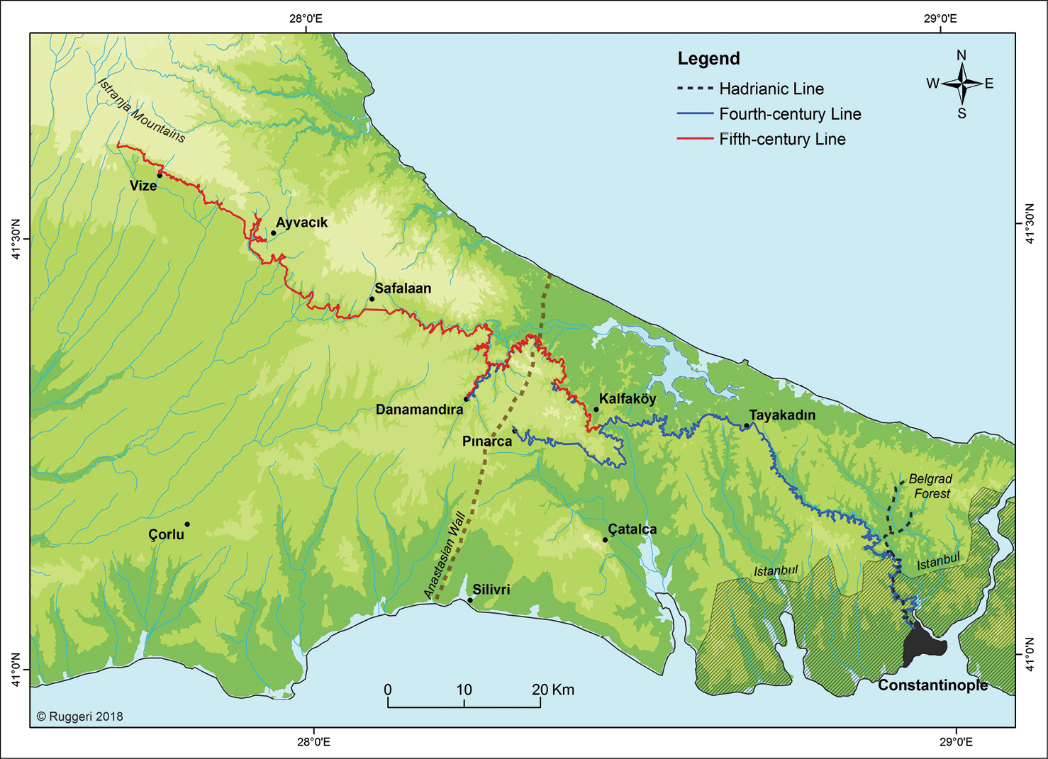right A map showing the course of the aqueduct channels from the distant springs west of Constantinople.