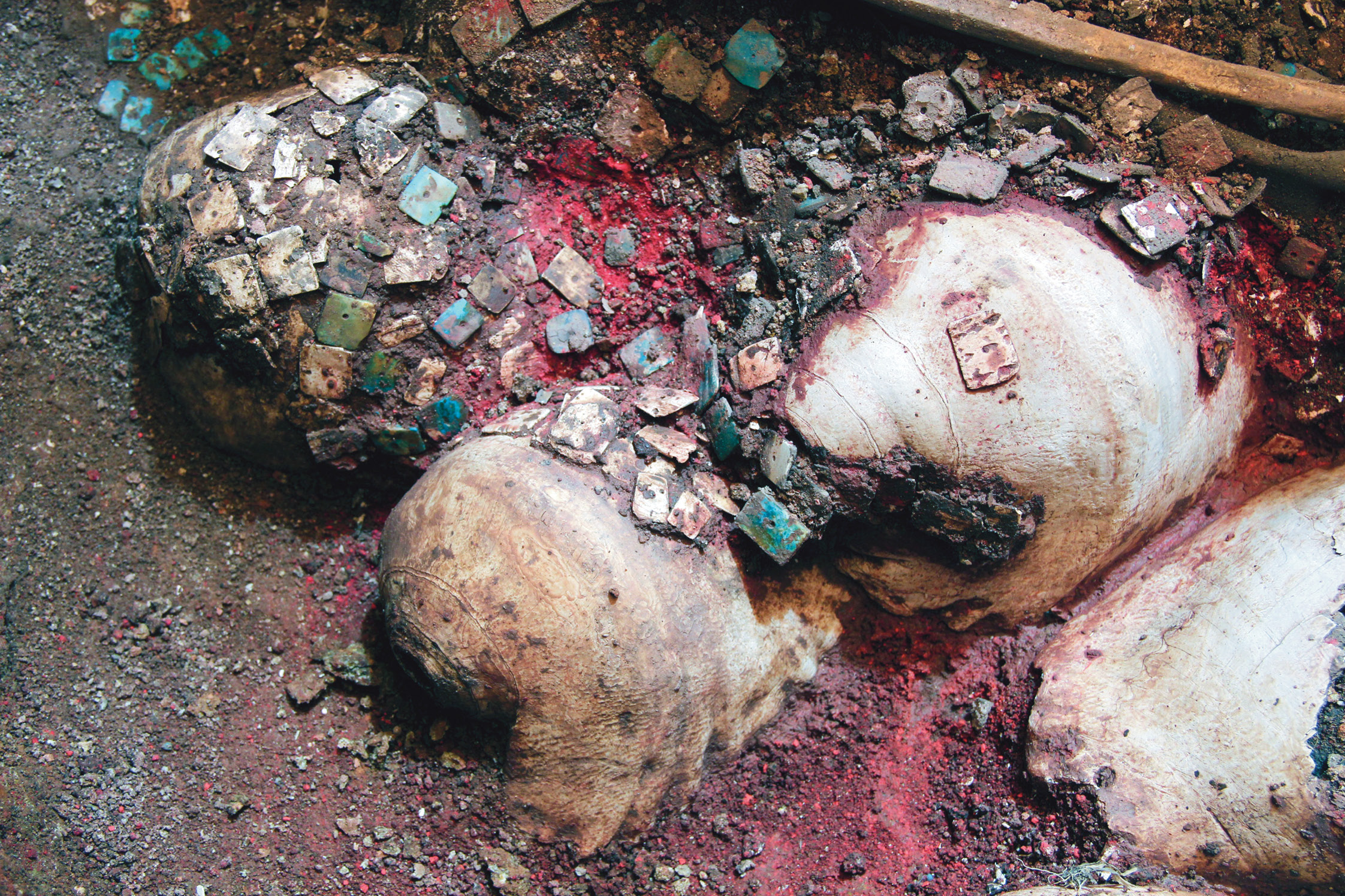 below The burial was placed on a group of Strombus shells, which had been covered with a red pigment and were also associated with shell and stone beads.