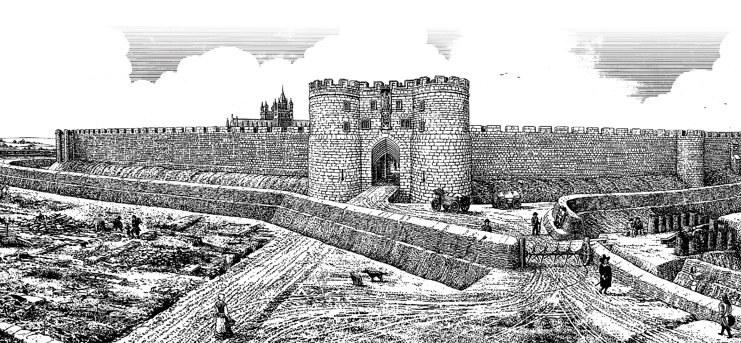 below The defences of Exeter’s East Gate in 1642, after the tunnels had been blocked to prevent besieging Royalists from using the aqueducts to gain entry to the city.