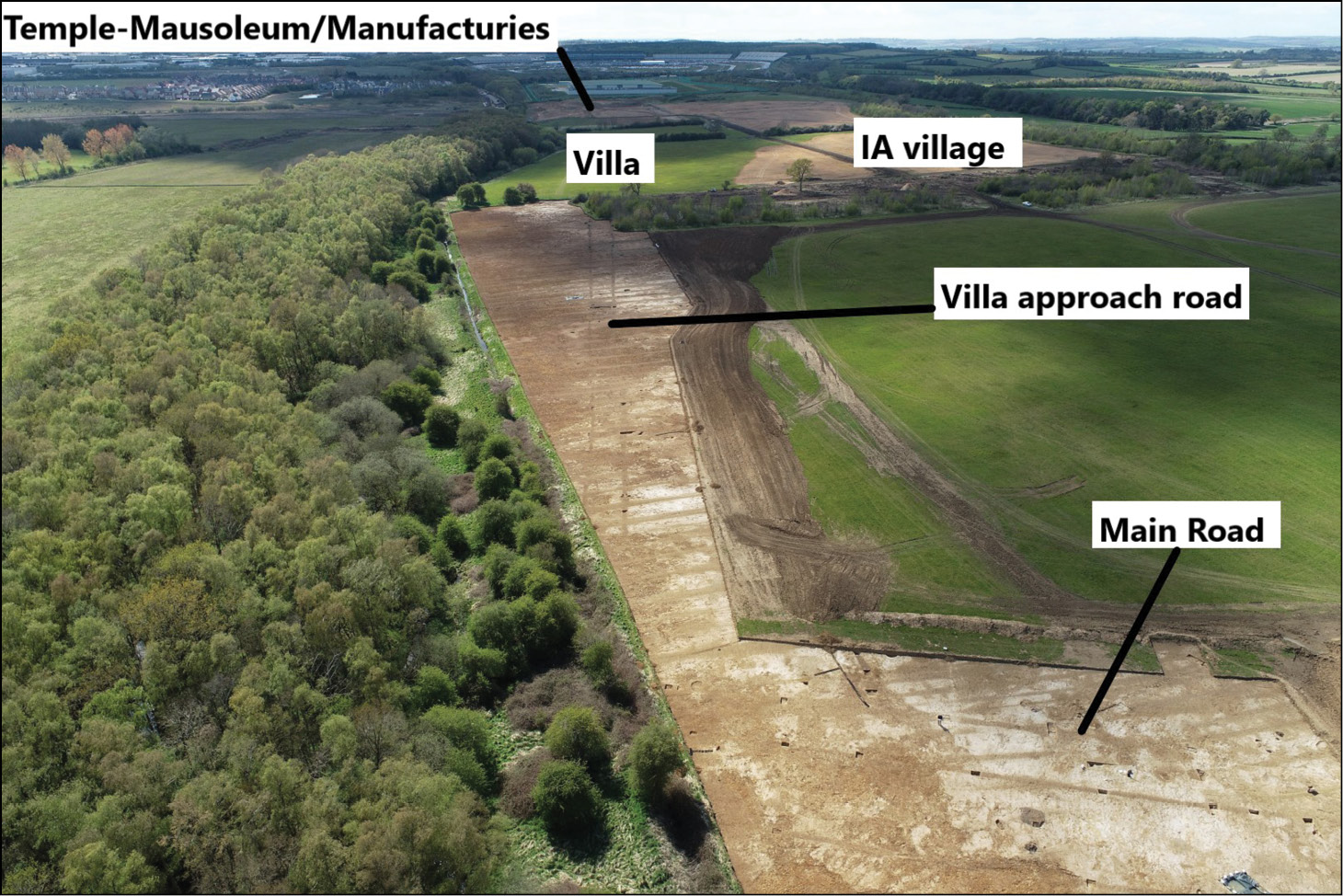 left This aerial photo shows the spatial relationships between the villa, the Iron Age settlement that preceded it, the approach road that the team dubbed ‘the Avenue’, and the main Roman road identified close-by.