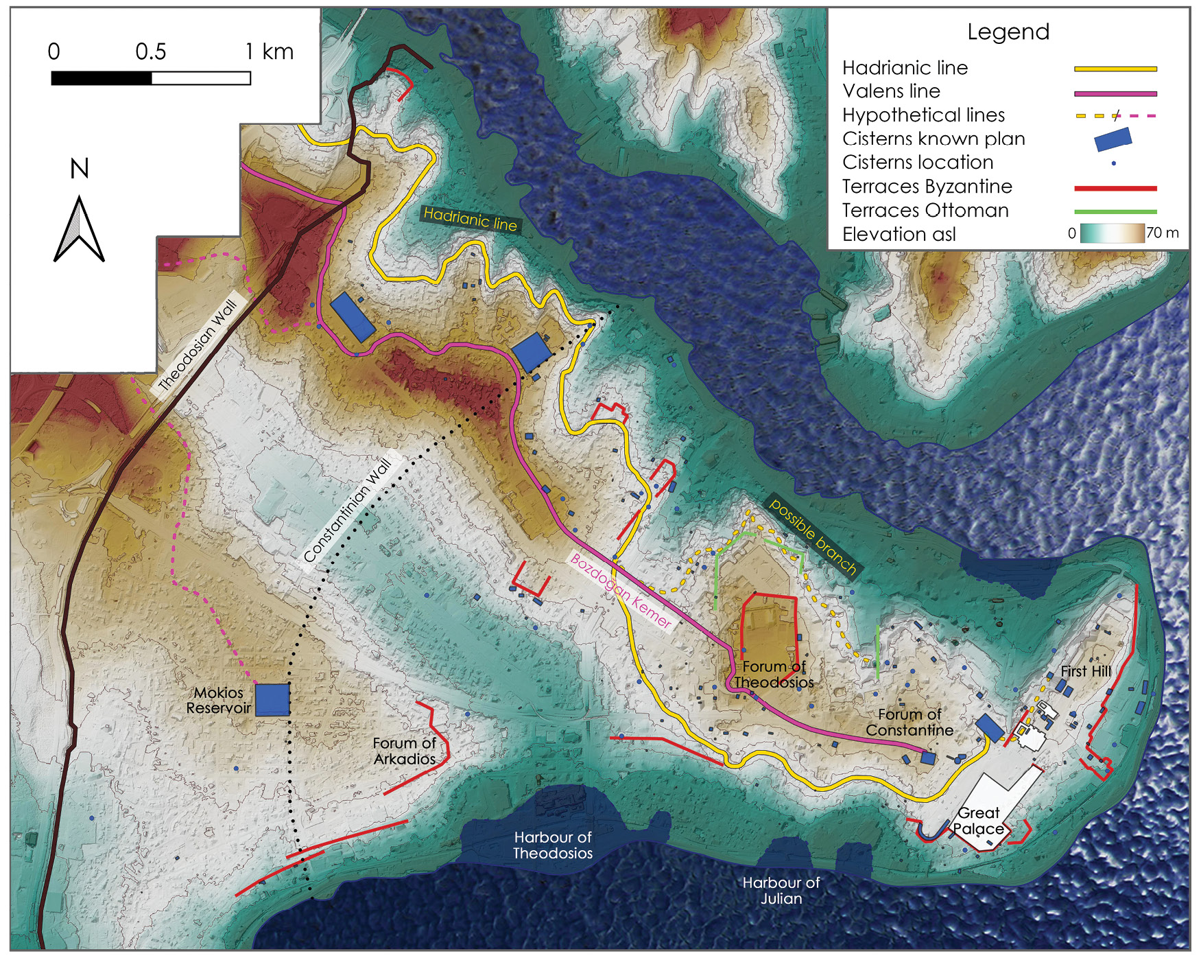 left Map of Byzantine Constantinople, showing the two main water channels. The low-level Hadrianic line (yellow) leads to the Basilica Cistern; the high-level aqueduct (purple) runs across the Valens bridge to the Binbirdirek Cistern. The Topkapı Palace is situated on the First Hill.