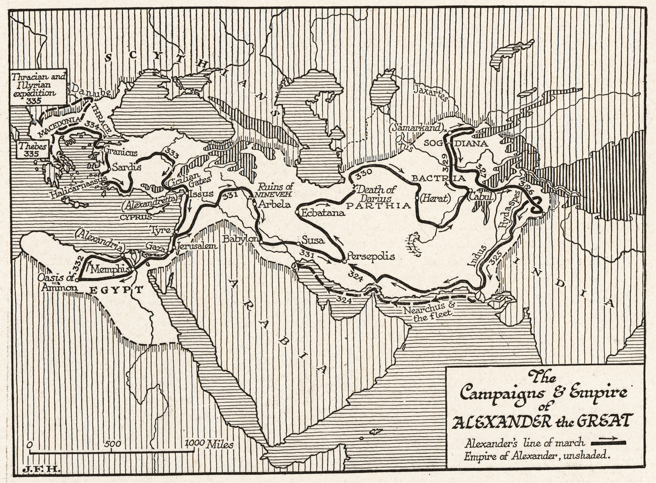 below Alexander’s campaigns in Bactria and Sogdiana were the most difficult of his military career, and his army retreated to India and then back to Mesopotamia with the region untamed. The map shows Alexander’s campaigns and conquests. inset A coin portrait of the Macedonian king.