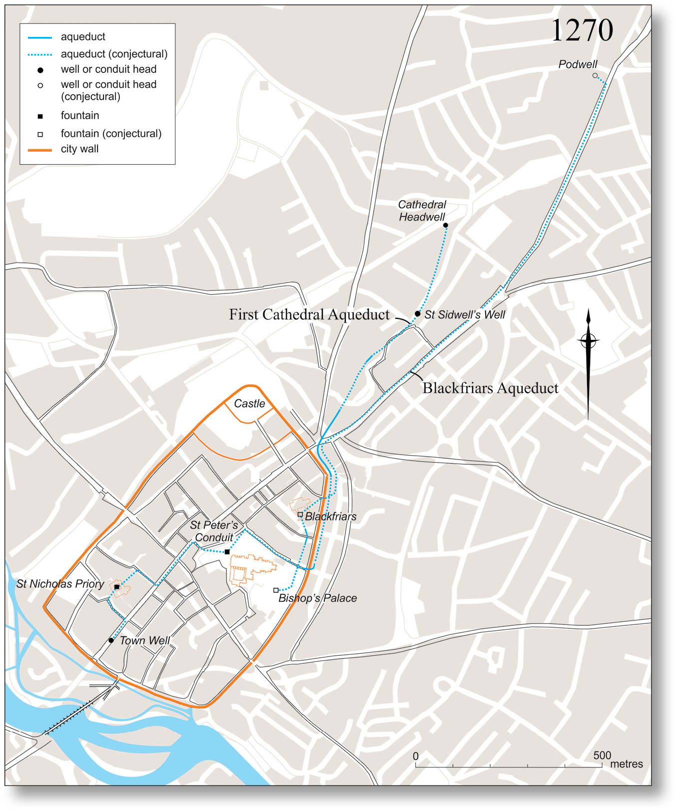 above Exeter’s aqueducts around 1270, showing the site of St Sidwell and the first cathedral water supply of the late 12th century. This led into the cathedral precinct, with a branch to St Nicholas Priory and the Town Well. The Black Friars’ supply (1248-1259), which led to the first tunnel being constructed to carry the pipe beneath the city wall, is also shown.