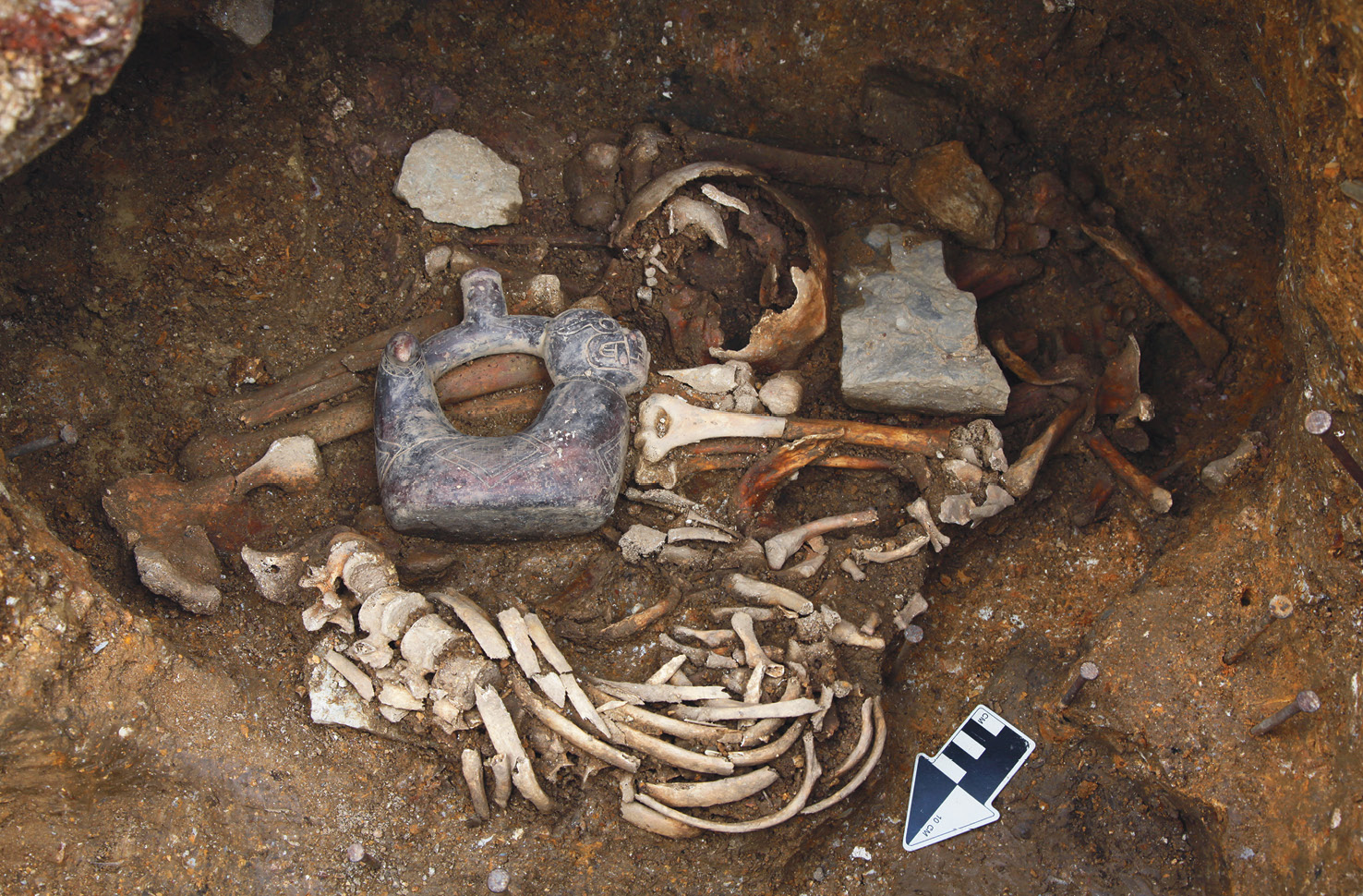 above The ‘Tomb of the Serpent-Jaguar Priests’ (top) contained two individuals: an adult female and a youthful male. The burial also included an effigy bottle in the form of a serpent-jaguar (above left) and a gold necklace (above right).