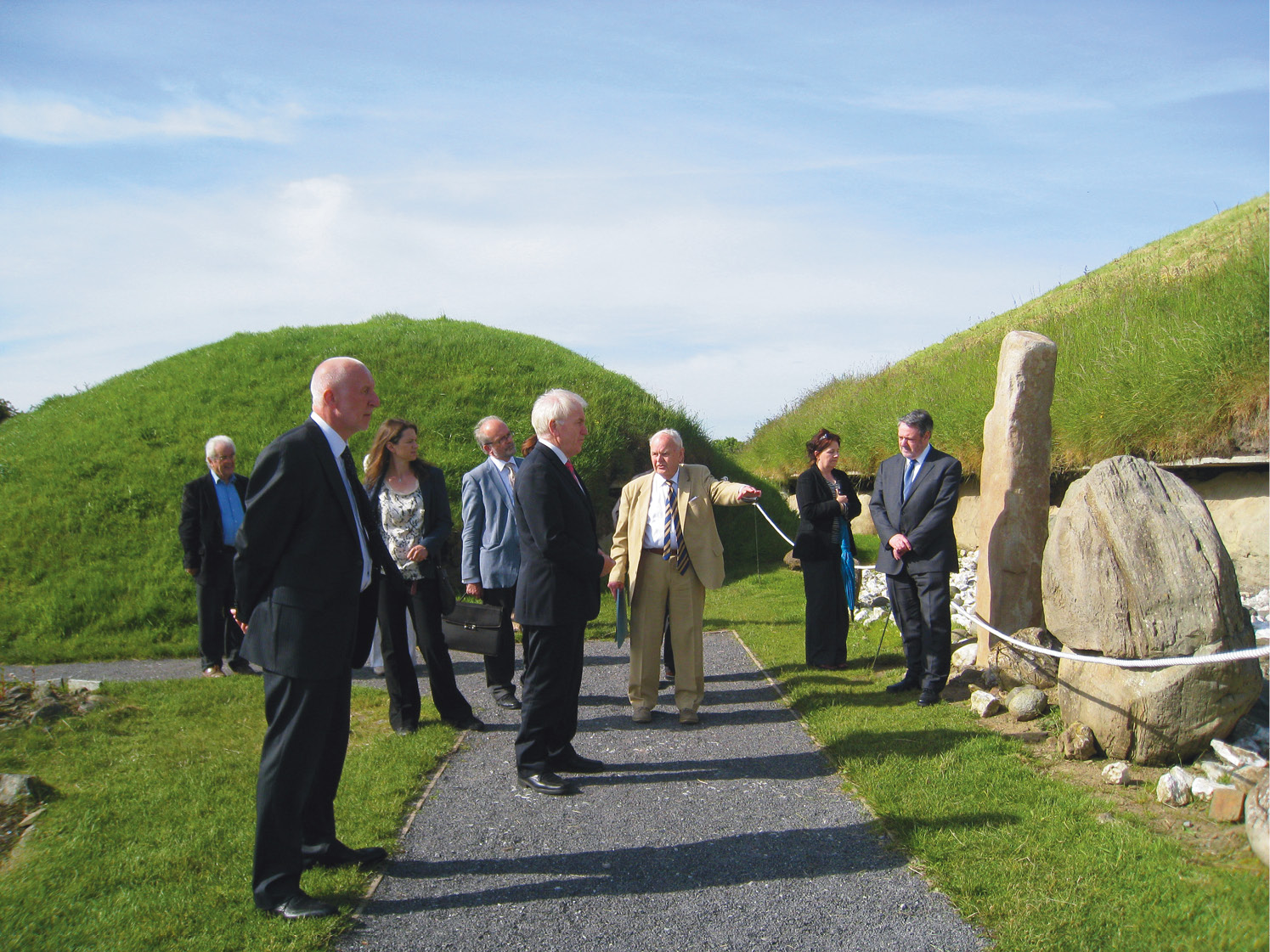 left George Eogan spearheaded a spectacular series of excavations at Knowth. He is seen here, in the cream suit, at the party marking the 50th anniversary of work commencing.