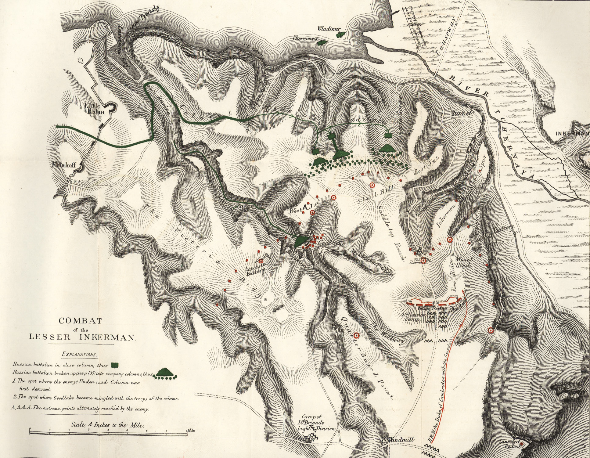 ABOVE The Battle of Little Inkerman, 26 October 1854. This contemporary map shows the exceptionally rugged terrain, the heavy Russian columns of attack (in green) and the thinly stretched British defence (in red).