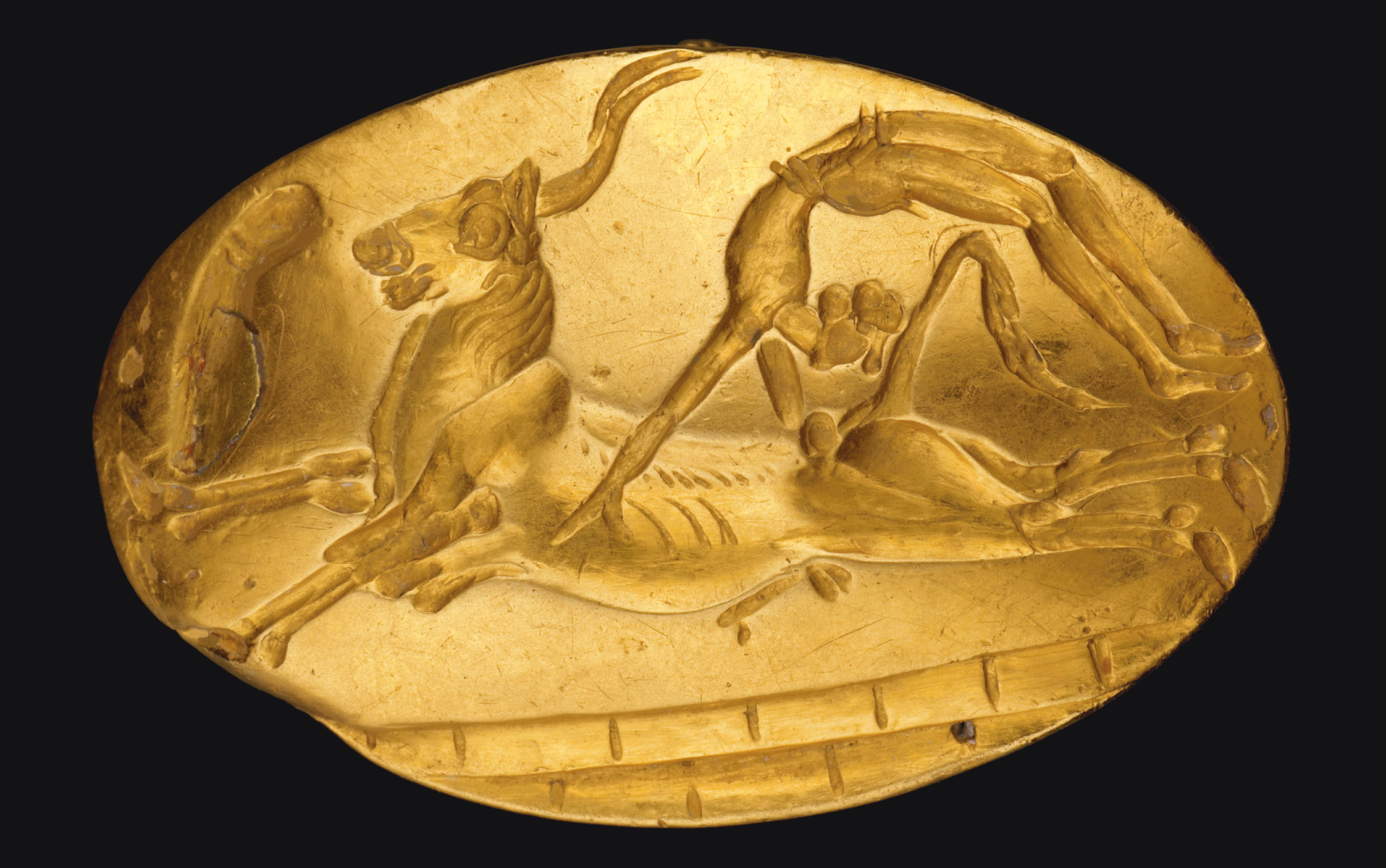below Finger ring with design showing bull-leaping, said to be from Archanes, Crete. Gold, 1450-1375 BC. Size: 2.5cm long