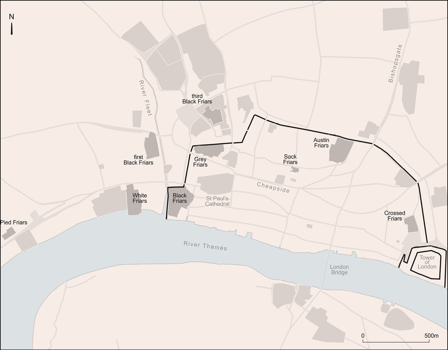 below Medieval London, showing the location of the city’s nine friaries (Grey Friars, White Friars, Austin Friars, Crutched Friars, Friars of the Sack, and Pied Friars, as well as the first, second, and third Black Friars). In addition, London had numerous private chapels, parish churches, and smaller priories and nunneries, plus St Paul’s Cathedral and Westminster Abbey (a royal peculiar).