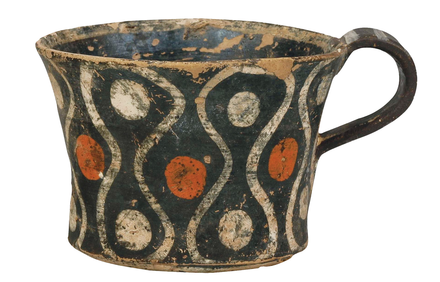 OPPOSITE, top left Kamares ware cup, from the Palace of Phaistos, south-central Crete. Ceramic, c.1750-1700 BC. Size: 5cm high, 7cm diameter OPPOSITE, bottom left Barrel-shaped jug, an example of Cypriot Bichrome ware from an unknown location in Cyprus. Ceramic, c.750-600 BC. Size: 45.1 x 36.2 x 29.6cm (including mount) OPPOSITE, right Marine Style rhyton, from the town of Palaikastro, east Crete. Ceramic, c.1500-1450 BC. Size: 28cm high