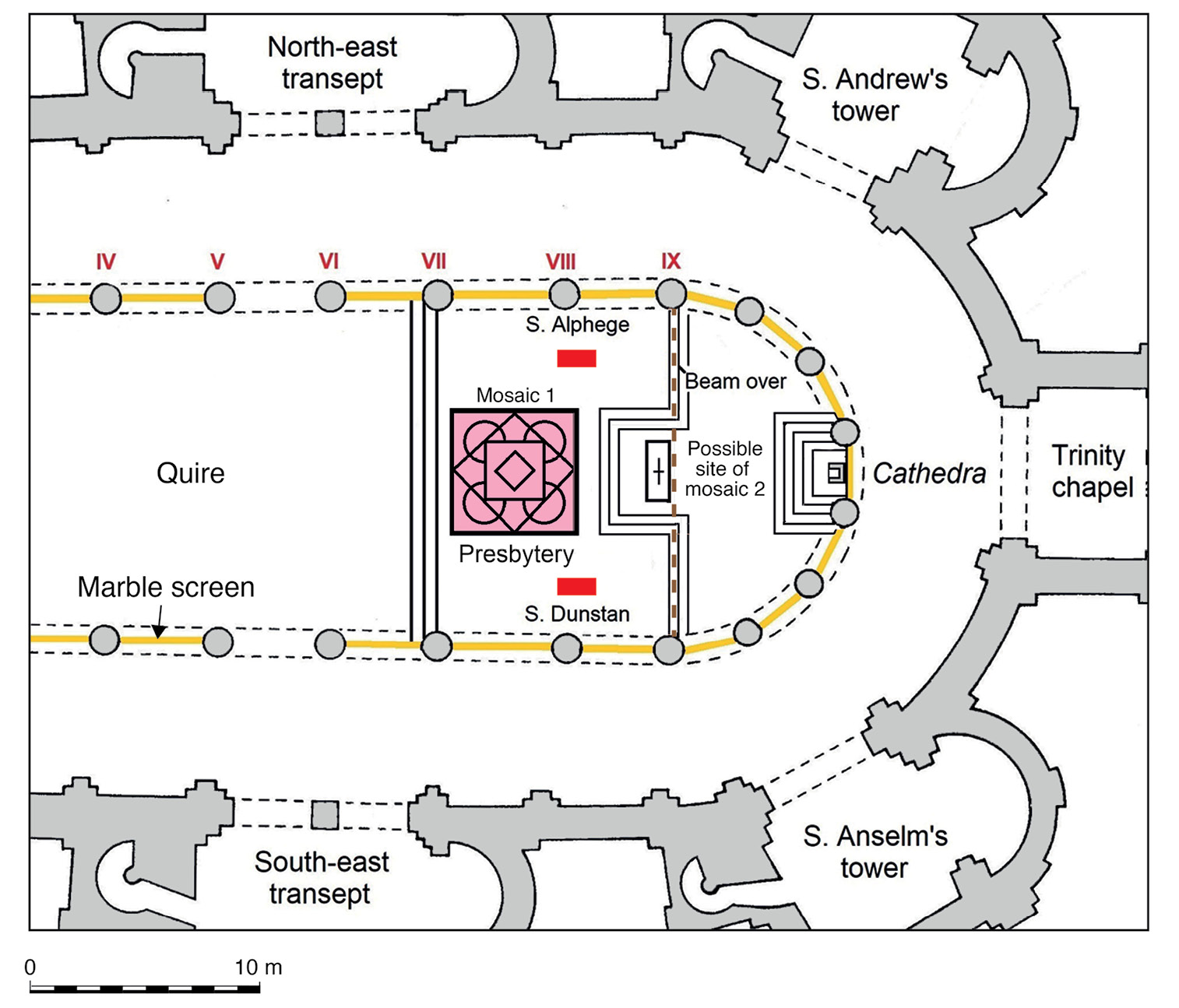 right The reconstructed layout of Archbishop Anselm’s ‘glorious quire’, with the opus sectile pavement (mosaic 1) located in front of the high altar. The pavement is shown with its lost outer frame restored. A small fragment of a second mosaic survives today, which may be derived from the apse.