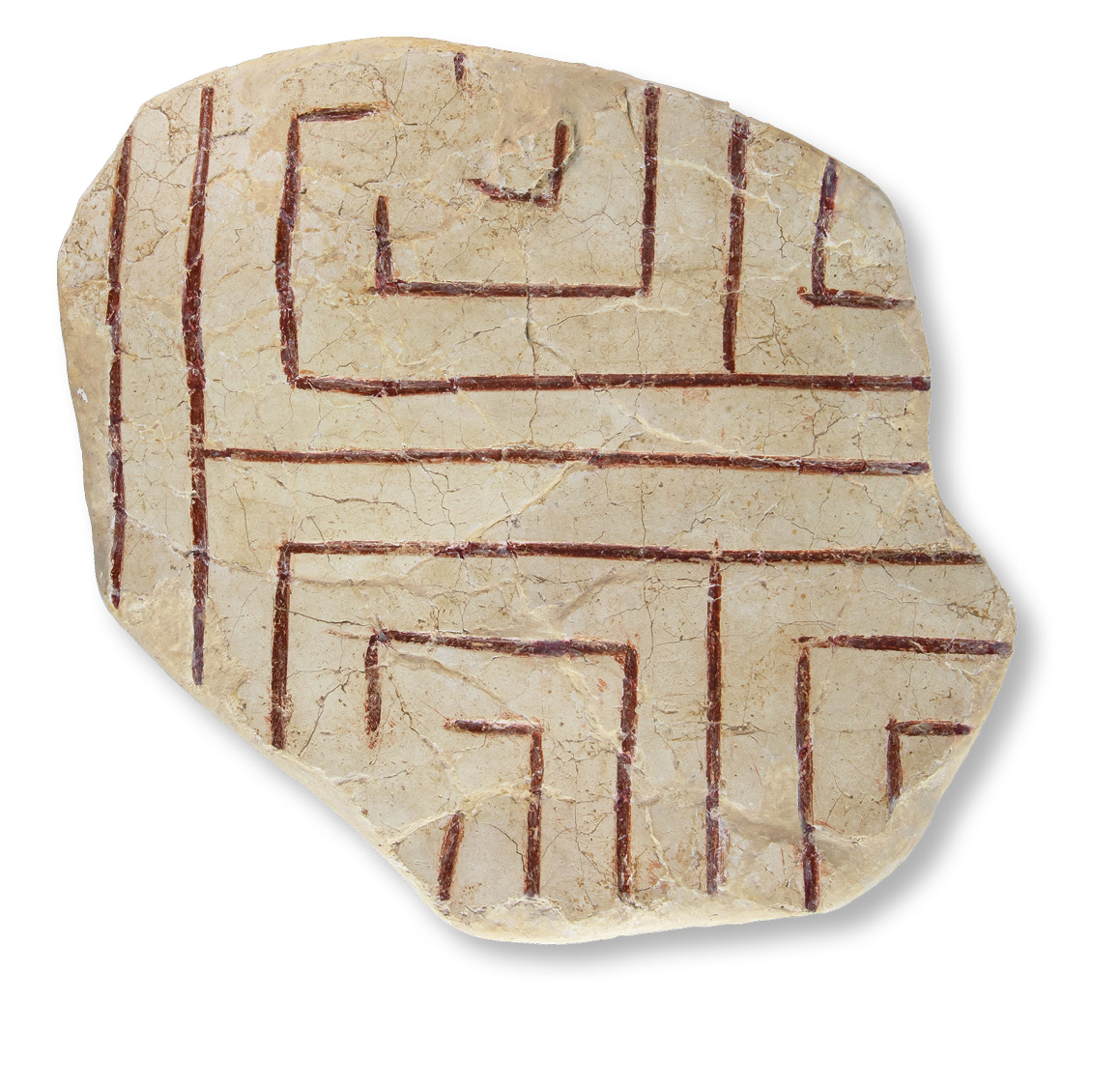 below Fragment of fresco with labyrinth design, from the Corridor of the Labyrinth Fresco, Palace of Knossos. Painted plaster, 1700-1600 BC. Size: 21.5 x 20cm