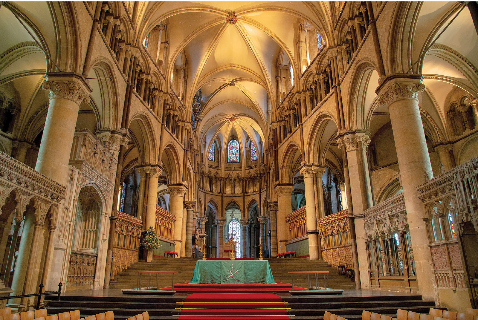 right Canterbury Cathedral’s sanctuary with its monumental flight of 18 steps leading up to the Trinity Chapel, where the Shrine of St Thomas was housed. The high altar stands on a landing, directly over its early 12th-century location, and the Mosaic Pavement would have lain where the steps are in the foreground.