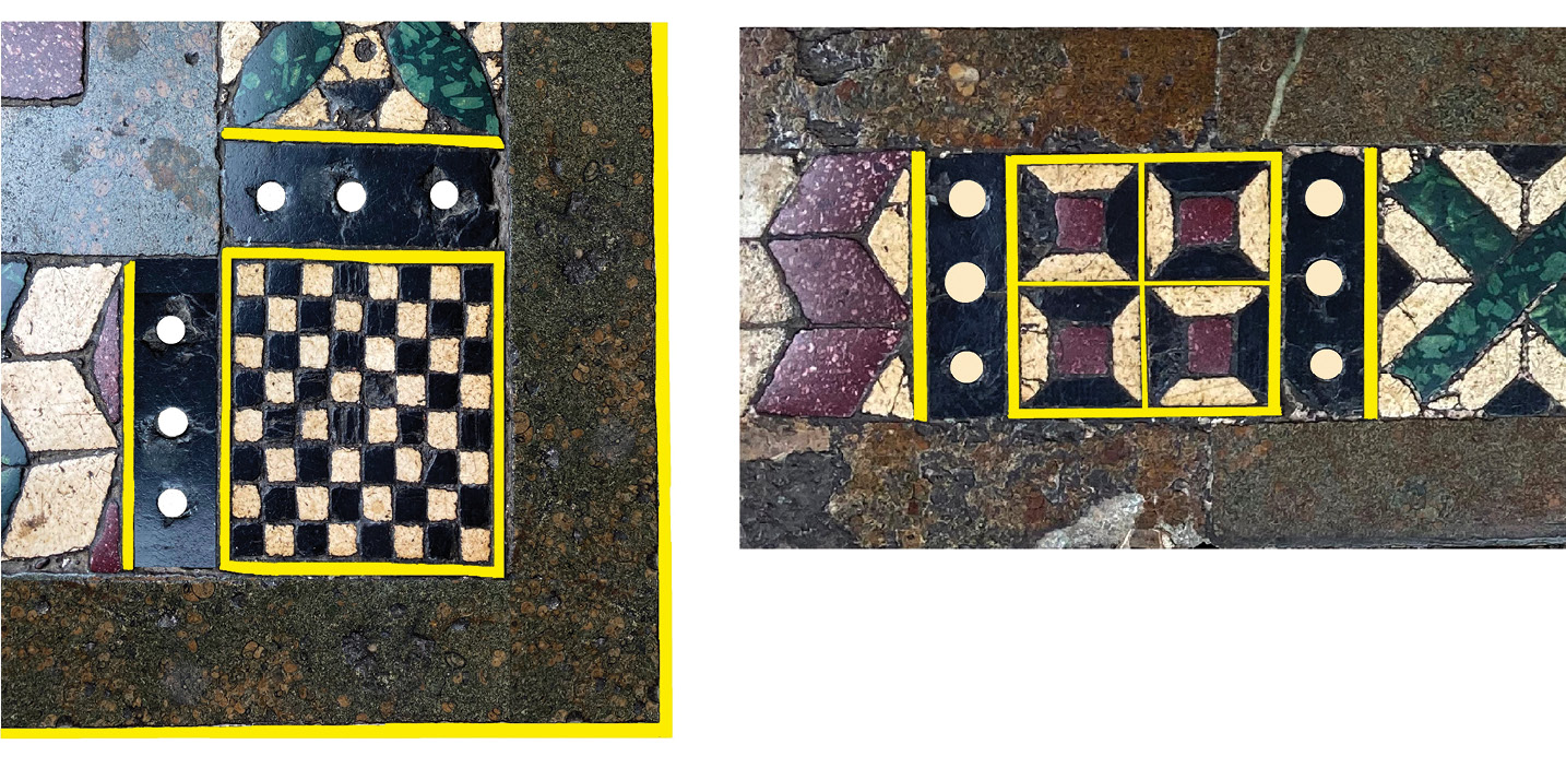 above Two examples of small panels incorporating latten fillets, shown here with their lost gilding reimagined. right One of the spandrel panels between the quatrefoil and the square that contains it. Most of the black pellets have survived, but the white ones in the black frames have all been lost.