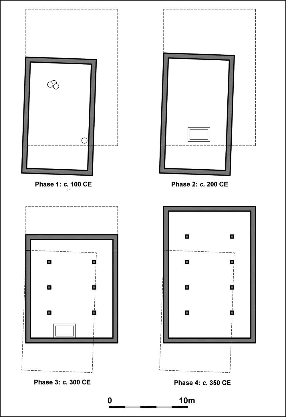 left Phases 1 to 4 of the east-range aisled hall. above A reconstruction of the probable structure of the aisled hall.
