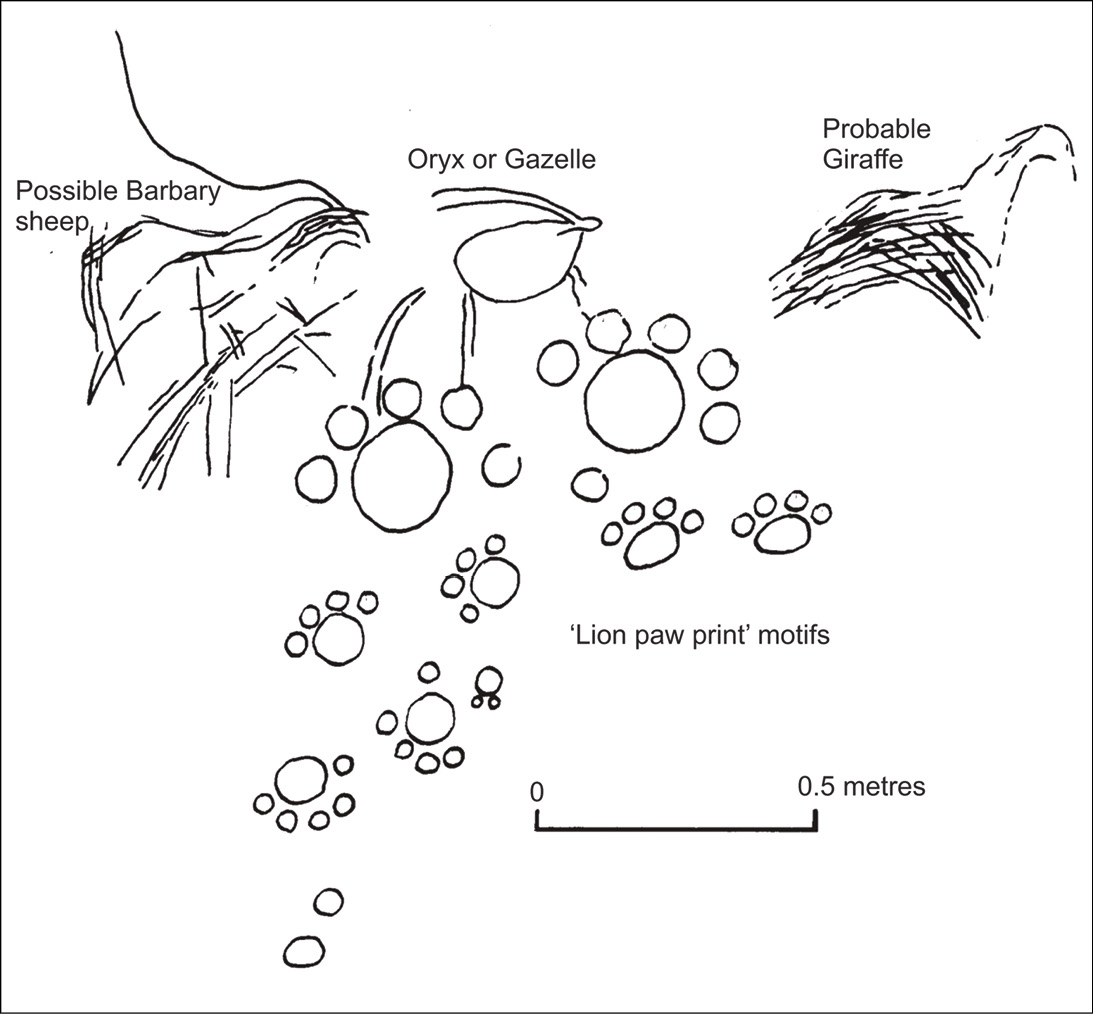above A drawing of the Wadi el-Obeiyid Cave rock art, made by various Neolithic communities. below A Middle Neolithic child burial from Gebel Ramlah.