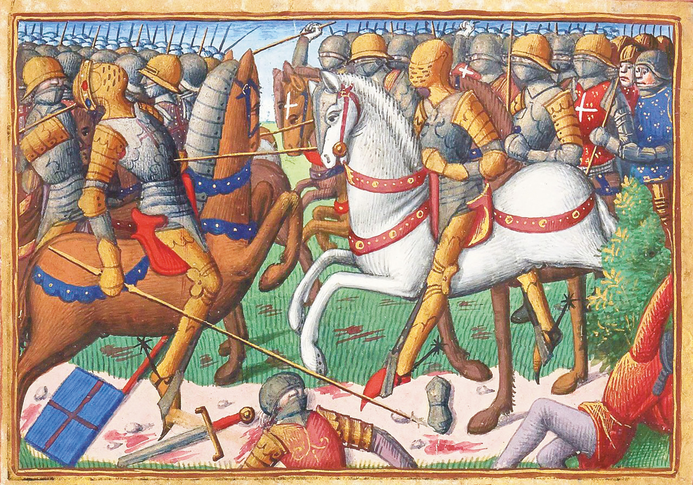 above The Battle of Baugé, as depicted in the 15th-century chronicle of Martial d’Auvergne. Mounted men-at-arms in the Lancastrian phase of the Hundred Years War wore full harnesses of steel plate armour.