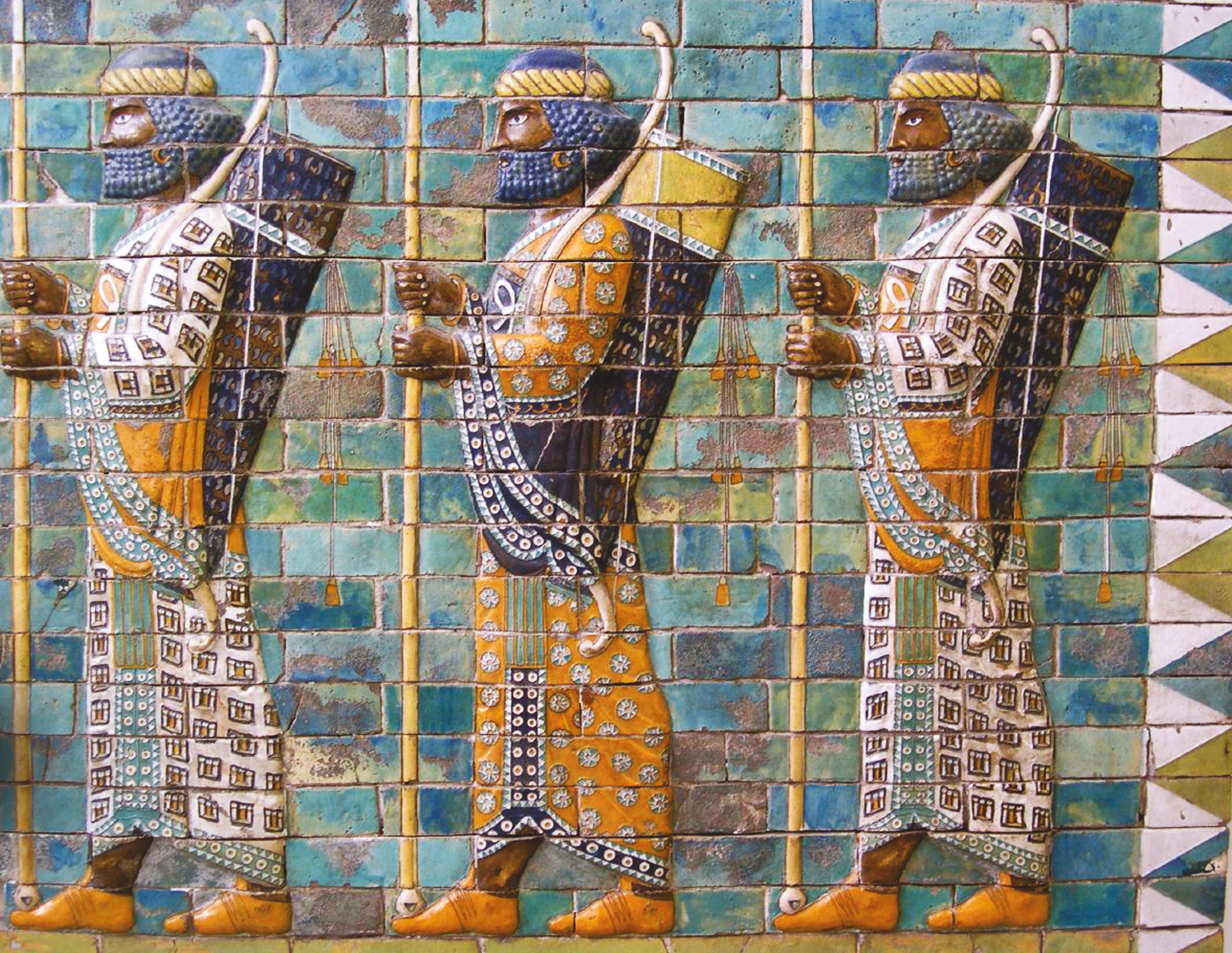 RIGHT A formidable foe: Persian guards armed with bows and spears, as depicted in a frieze on tiles in the palace of Darius at Susa; now part of the collection of the Pergamon Museum, Berlin.