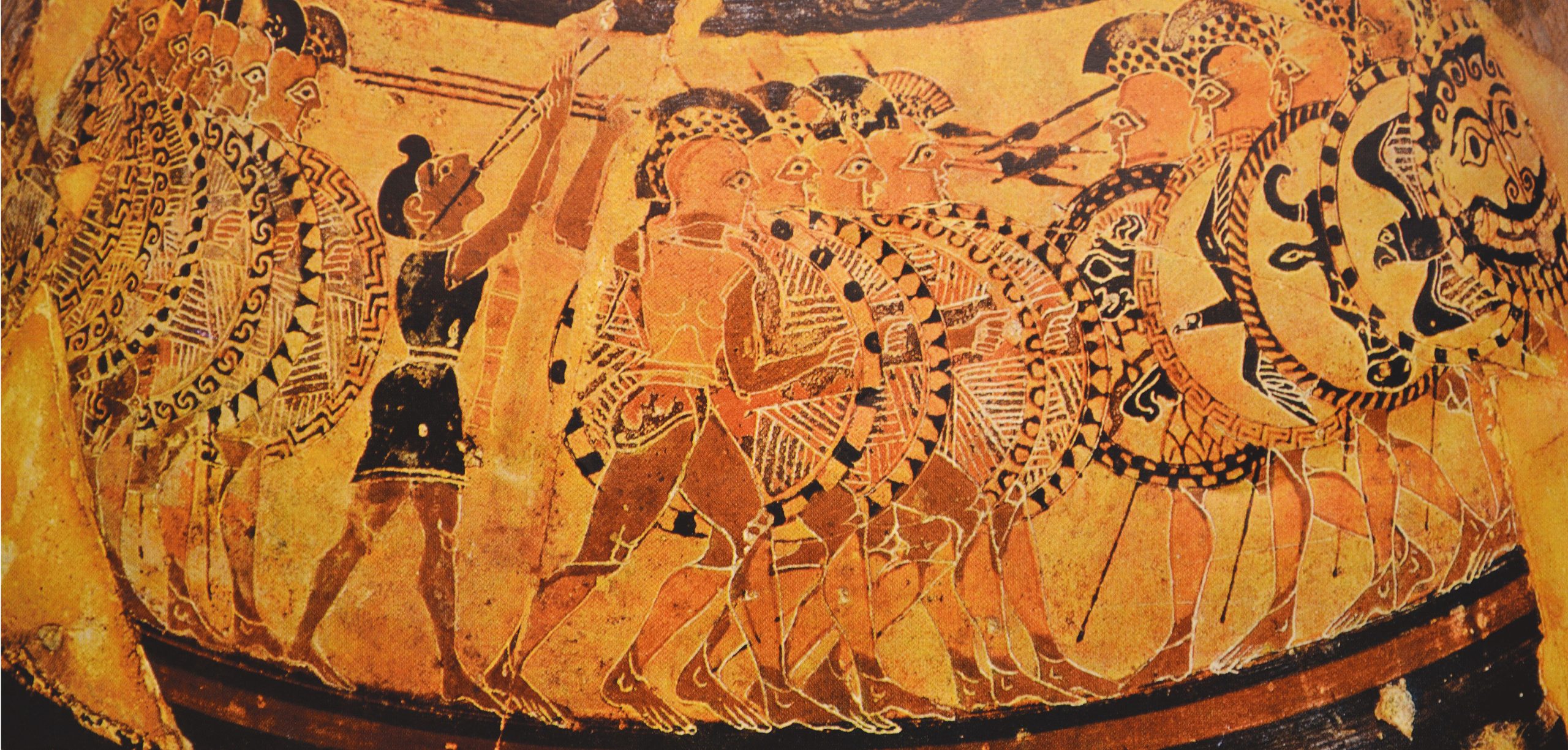 LEFT The famous Chigi vase, in the National Etruscan Museum in Rome, depicts the collision of two Greek hoplite phalanxes. This system of interlocking shields was used at Mantineia, and was not without its risks.