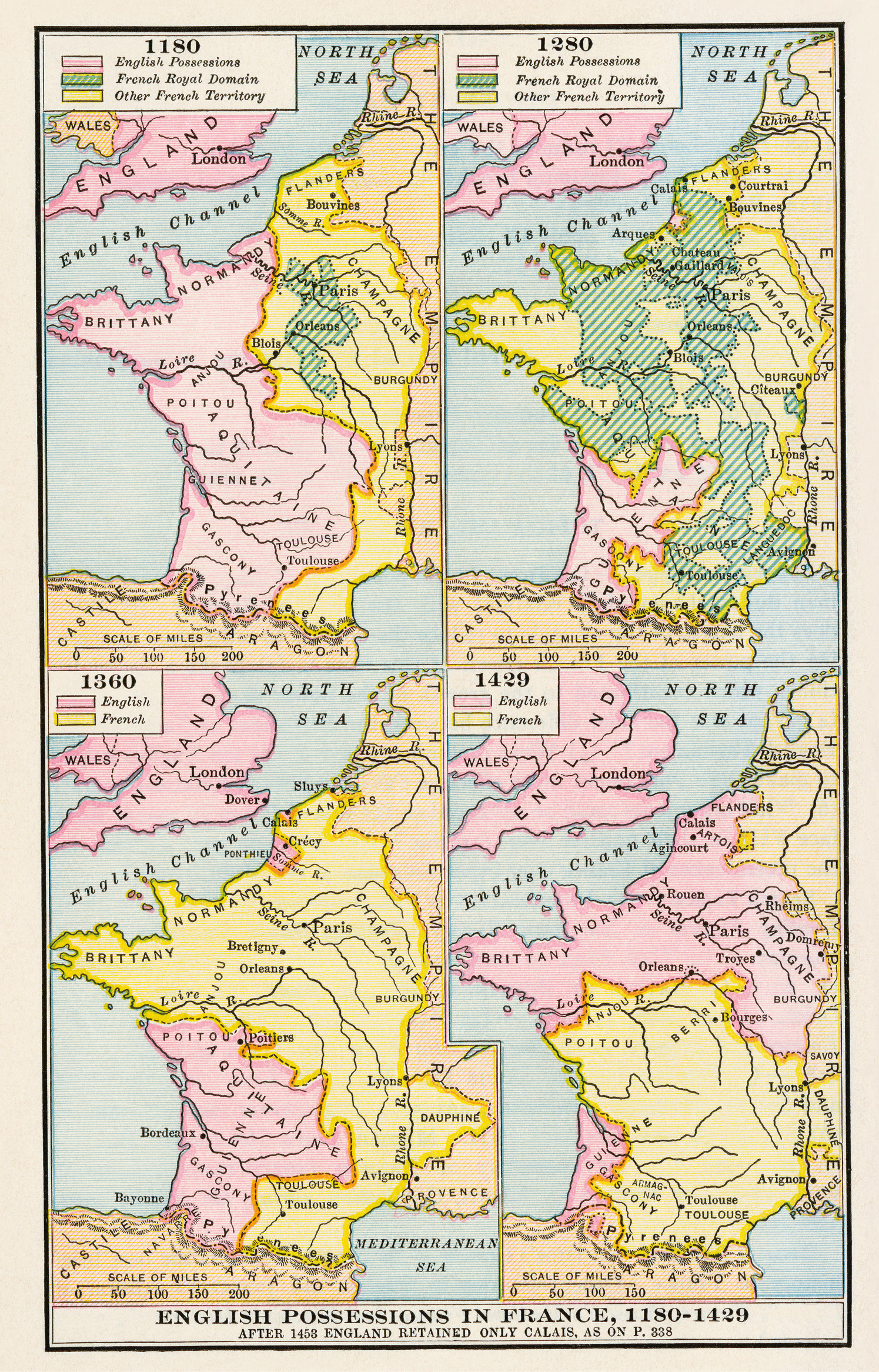 above A vintage map shows the fluctuating state of English possessions in France from 1180 to 1429.