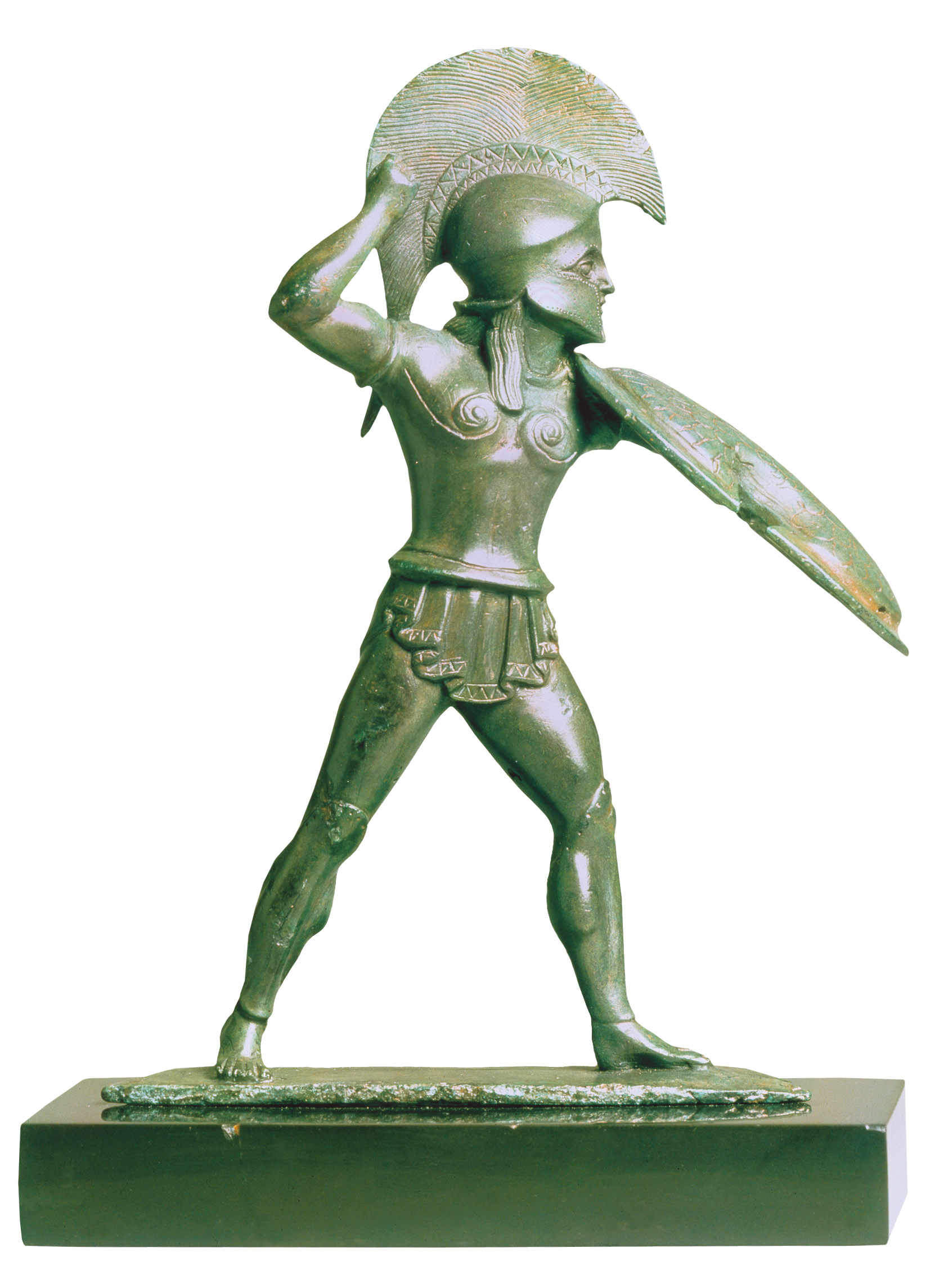 left A figurine depicting a hoplite poised for assault, formerly part of a bronze vessel from c.510-500 BC, found in north-western Greece. Hoplites were traditionally only deployed in the expectation of imminent hand-to-hand fighting.