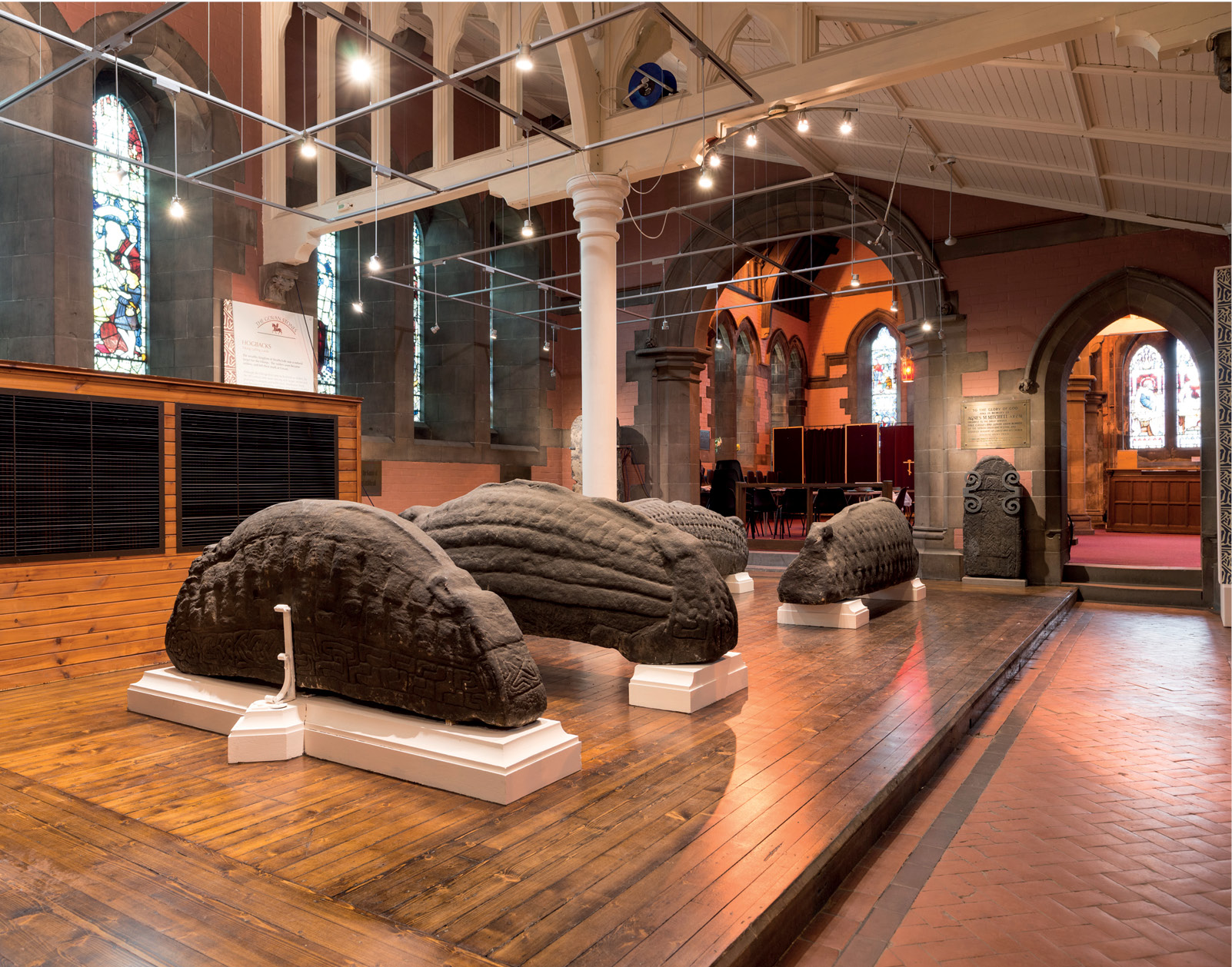 above The redisplay of the mighty Govan Hogbacks brings out their massive scale and distinctive designs, suggesting an extended sequence of high status (perhaps royal) burials stretching over the 10th and 11th centuries.