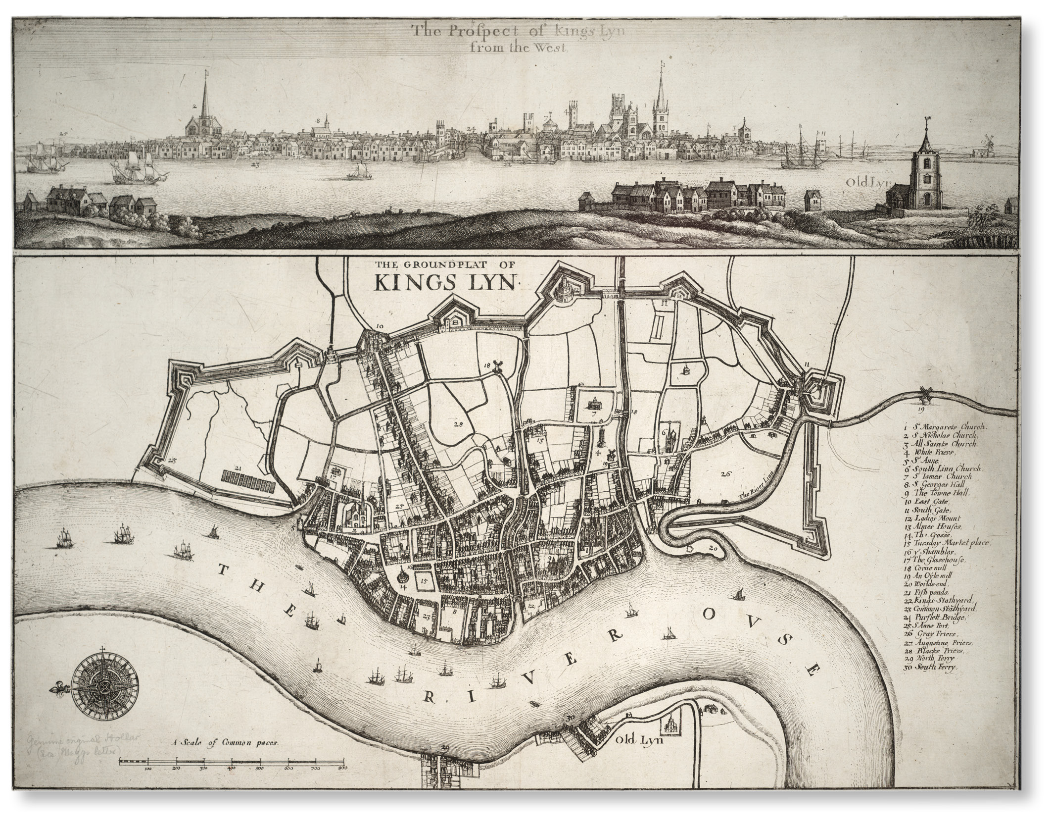 Above Wenceslaus Hollar’s The Groundplat of Kings Lyn. Despite several histories still claiming to the contrary, it does not portray the town at the time of the siege in August/September 1643, but rather depicts King’s Lynn c.1645, when its refortification was complete.