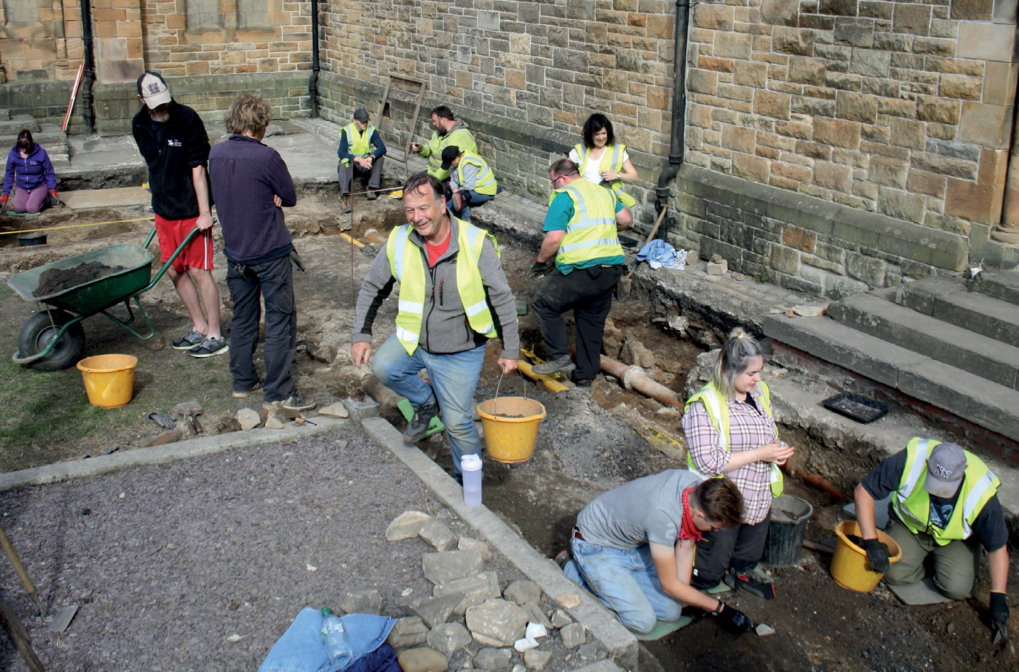below Relaying the road to the church’s new reception building in September 2022 provided an opportunity for a team drawn from the local community, Govan Old volunteers, and Glasgow University to investigate the western side of the church under the supervision of Clyde Archaeology. Remains of the site’s early modern, perhaps medieval, church were exposed, and it is planned to return to complete the excavation later this year.