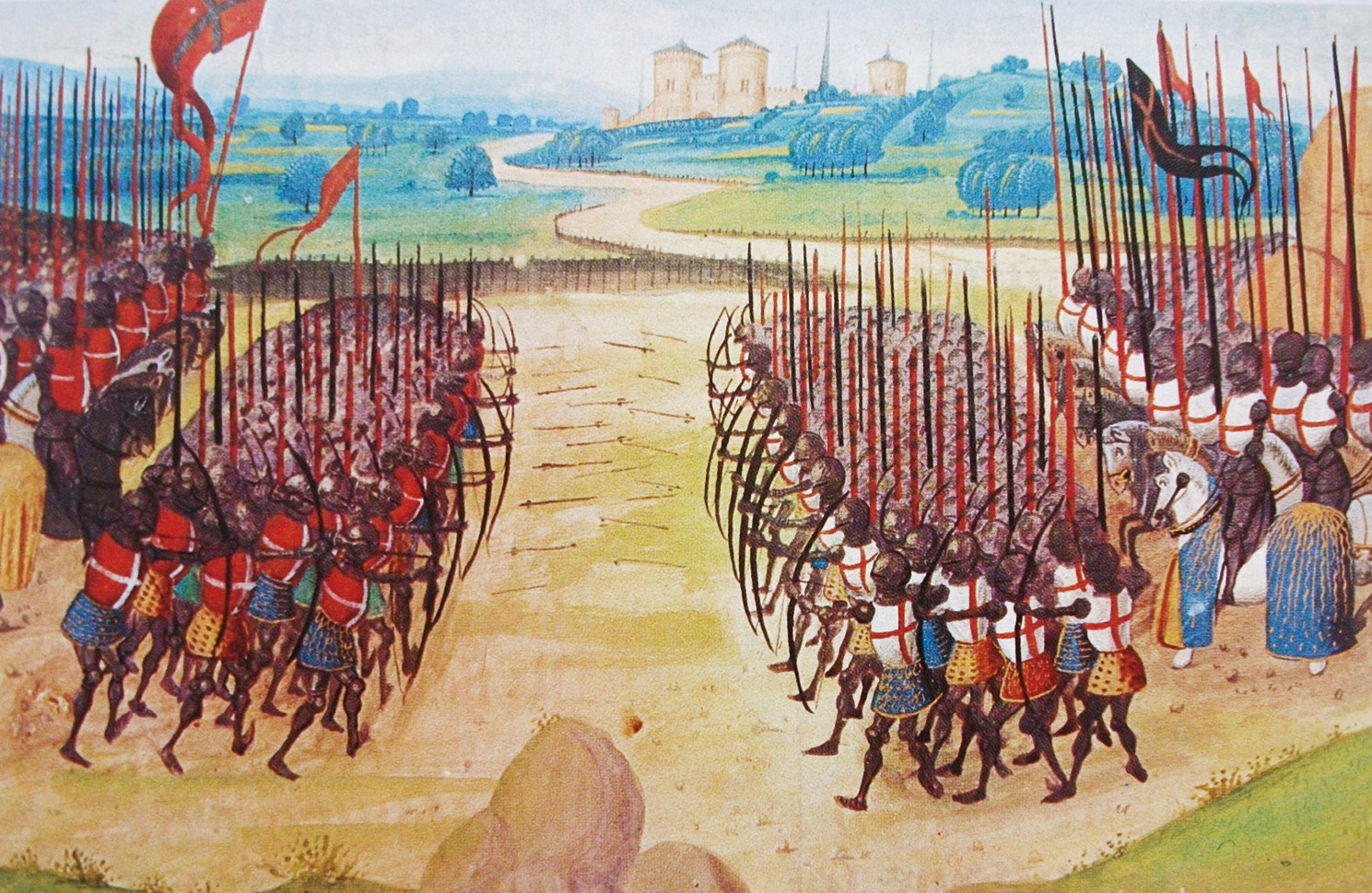 left The English longbow proved decisive to Henry V’s landmark victory at the Battle of Agincourt, depicted here in a 15th-century miniature by Enguerrand de Monstrelet.