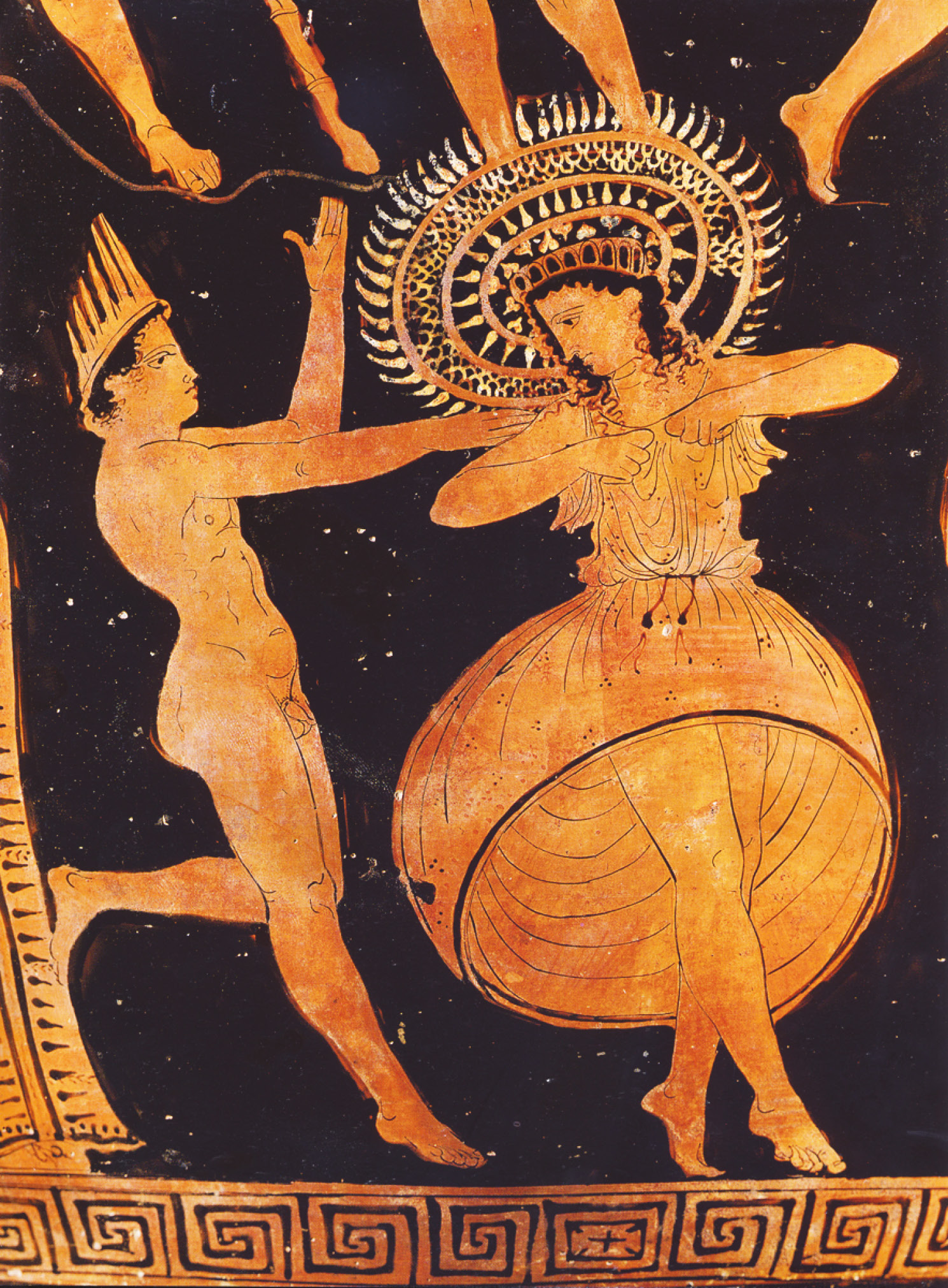above The traditional festival of Carneia, as depicted on a vase dating from c.400 BC. The Spartans celebrated this after their victory at Mantineia although not before they had buried their own dead and returned those of the enemy, as was the custom of the time.