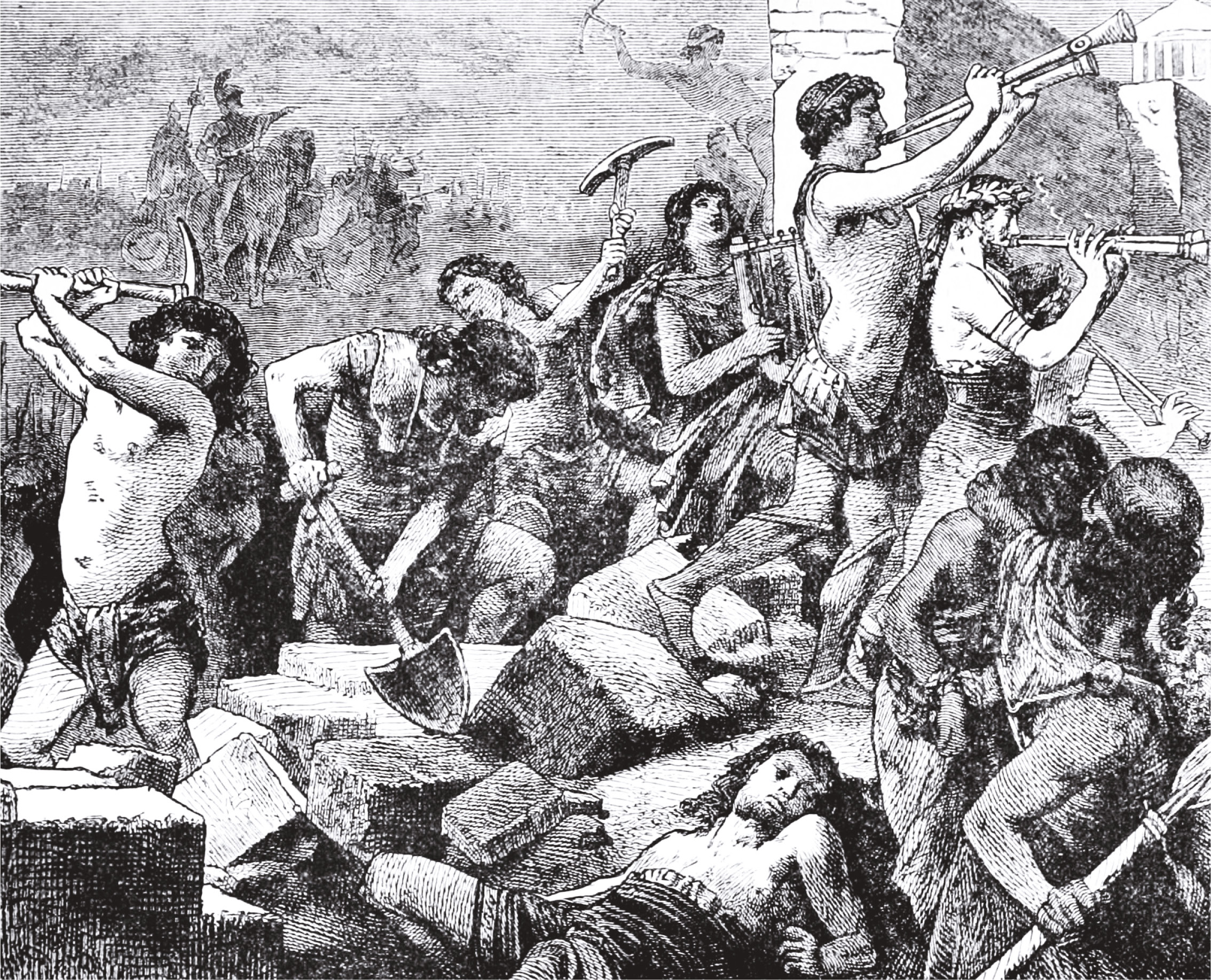 below Spartan forces destroy the Long Walls the fortifications linking Athens, in the interior of Attica, with the Athenian port of Piraeus in the aftermath of the Peloponnesian War, c.403 BC.