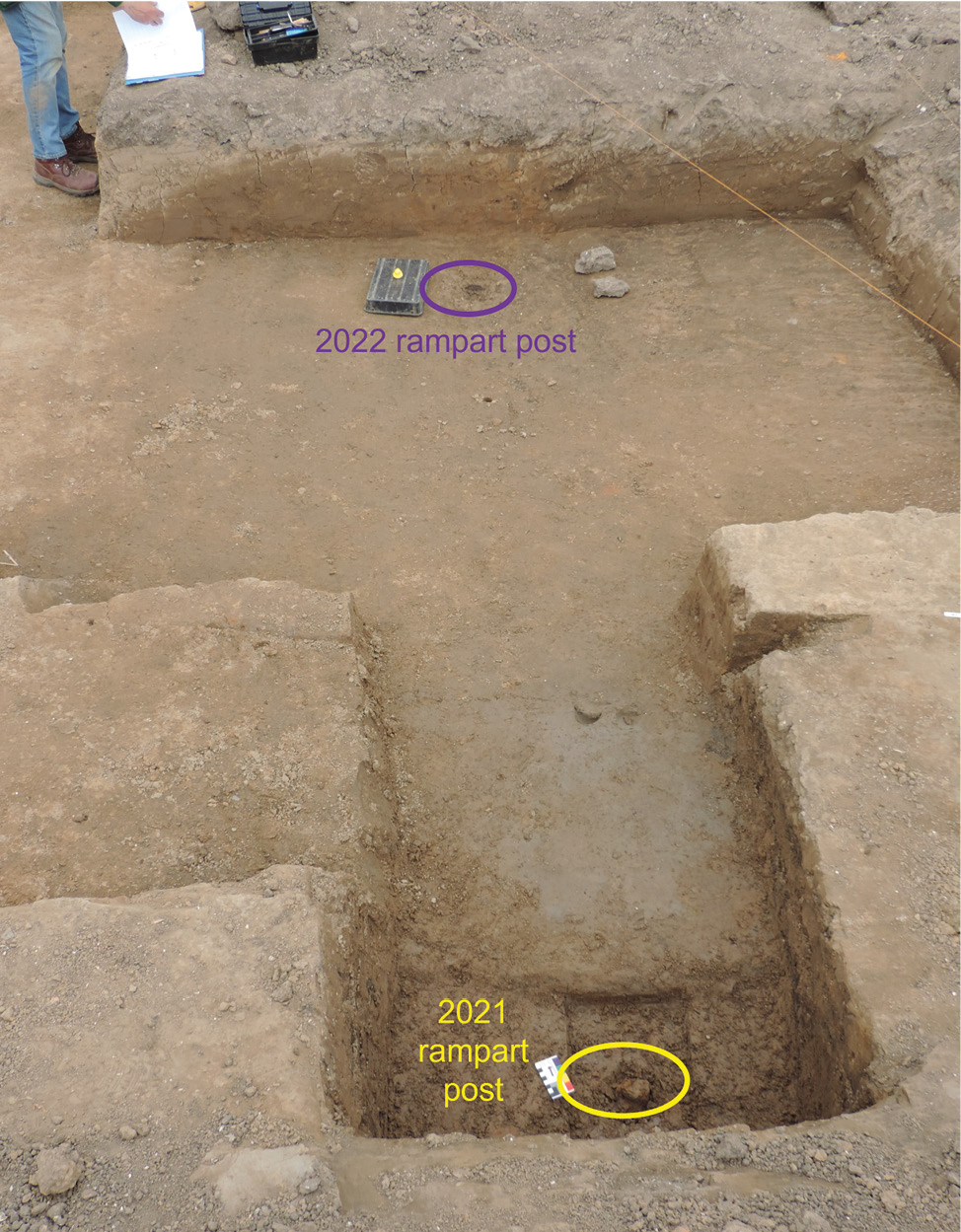 right A view of the 2022 trench looking roughly northwards. This excavation added a second ‘rampart post’ to known evidence; their respective positions are shown here, 3.35m (11ft) apart roughly the length of a ramrod for a larger cannon of the time.