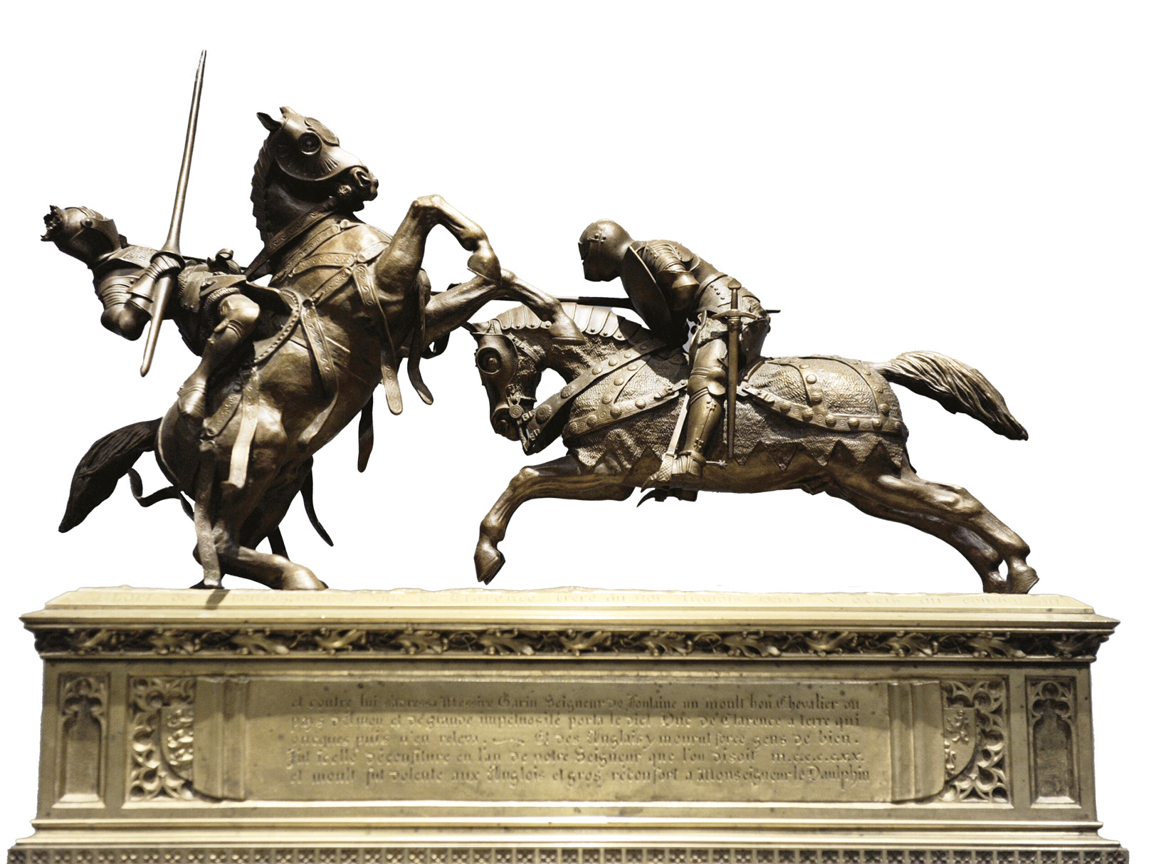 below Relying on a French account of the battle, the 19th-century Franco-Dutch sculptor Émilien de Nieuwerkerke depicts the Duke of Clarence being knocked from his horse by an Armagnac knight.