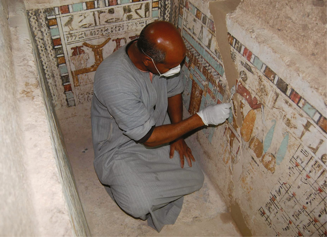 above A newly restored scene in the south hall of the Chapel of Amun-Ra in the Hatshepsut Temple at Deir el-Bahri. left Restoration work being completed on the Eleventh Dynasty tomb belonging to Meru, which is now open to the public.