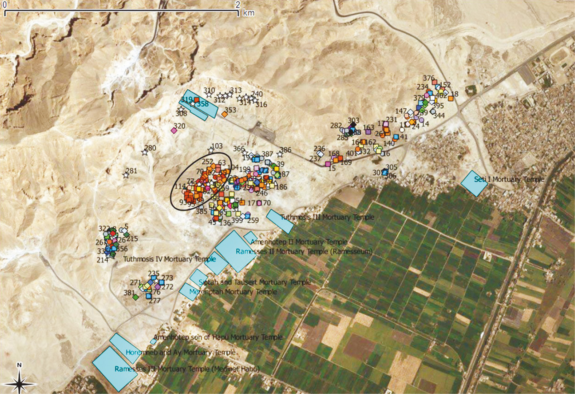 left A map showing the clusters of tombs in the Theban necropolis, and royal mortuary temples (blue rectangles). The location of the Upper Qurna burials is marked with a ring.
