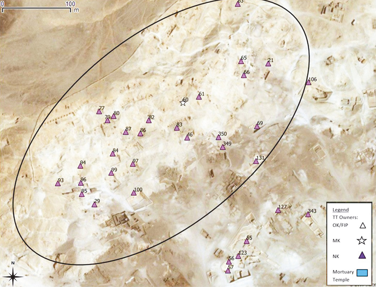 above Upper Qurna showing the tombs of courtiers involved in general administration (purple triangles). below Black triangles mark the tombs of military officers in Upper Qurna.