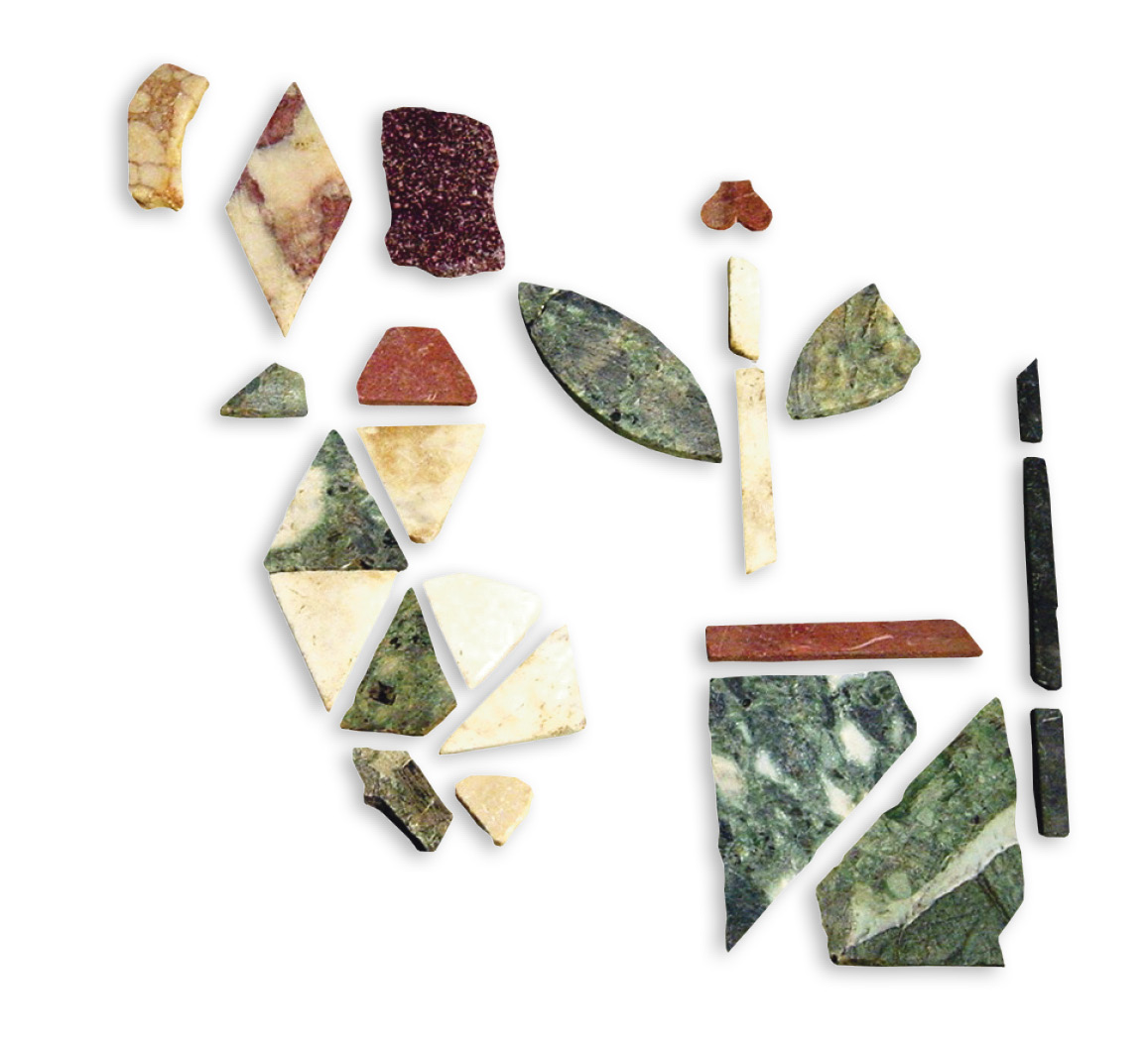 above Marble from the eastern Mediterranean and a fragment of Egyptian porphyry possibly from a 3rd-century tabletop, from Piddington further evidence of the wealth of the inhabitants. below Great Witcombe as first uncovered and recorded by Samuel Lysons in 1818, showing the decorative plaster, a small stone-lined pool, and the large pierced ‘S’ panel close to the entrance.