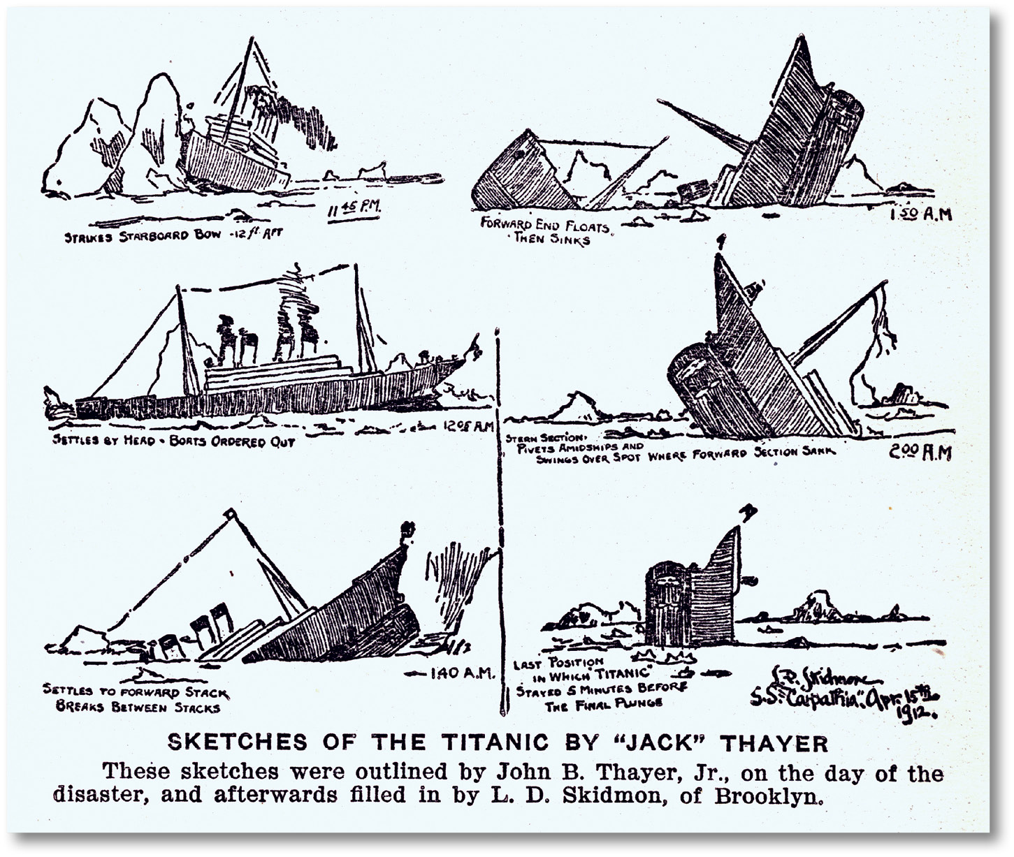 LeFT This sketch of the Titanic was drawn on the day of the disaster, based on Jack Thayer’s recollection of the ship sinking. Although inaccurate in some ways, it does show the liner splitting in half, and the stern pivoting amidships. Both details are now known to be accurate. MIDDLE The windows of the officers’ quarters on the boat deck. BELOW A pair of boots among the detritus in the debris field. In many cases these are the last markers of bodies that have dissolved in the salt water.﻿