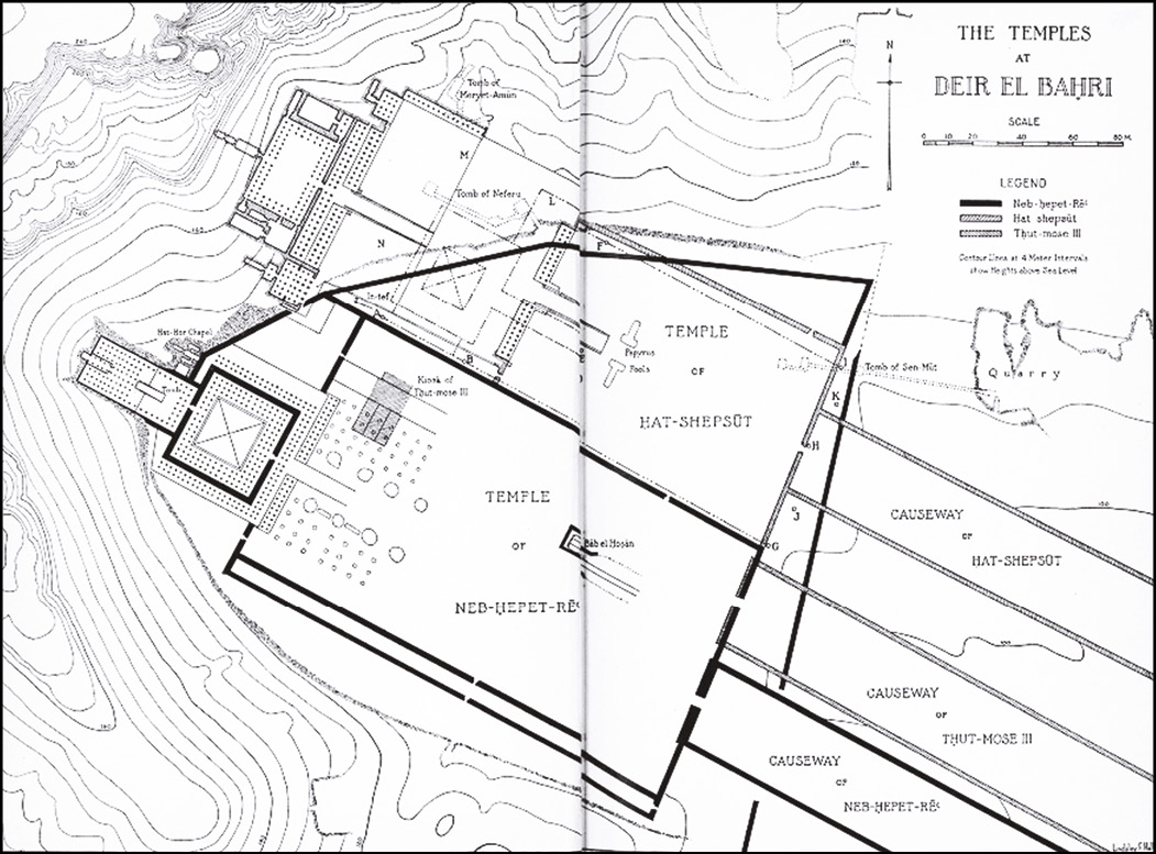 below left Winlock’s plan of the temples at Deir el-Bahri, showing causeways leading up to temple courtyards in front of the temple structures. Mentuhotep’s burial chamber is at the back of the temple, carved beneath the rock face. below Today the entrance to the Bab el-Hosan is covered over, but the large gash in the ground identifies its location.