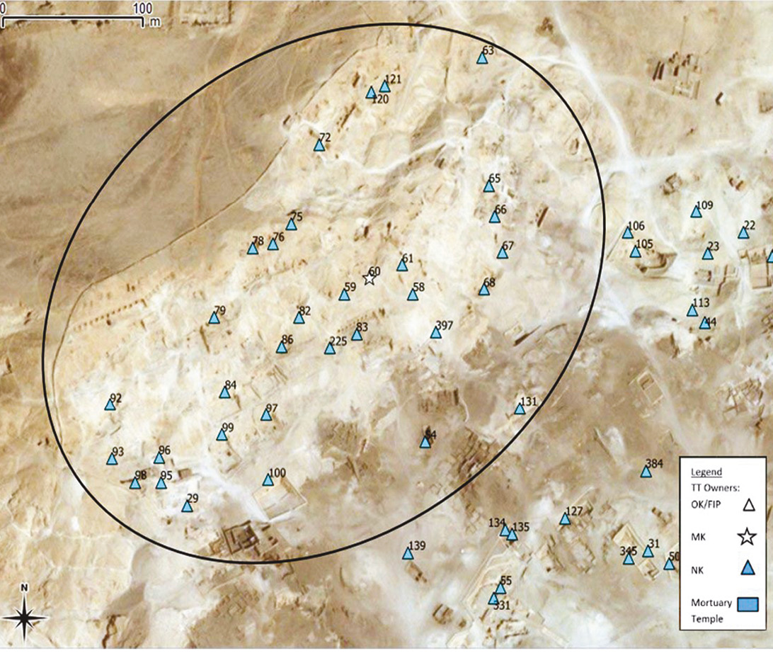 above The distribution of priest burials (blue triangles) in Upper Qurna. Right A painting of a colourful scene depicting foreigners bringing tribute, from the Tomb of the High Priest of Amun, Menkheperraseneb (TT86), one of the clusters of priestly burials in Upper Qurna.