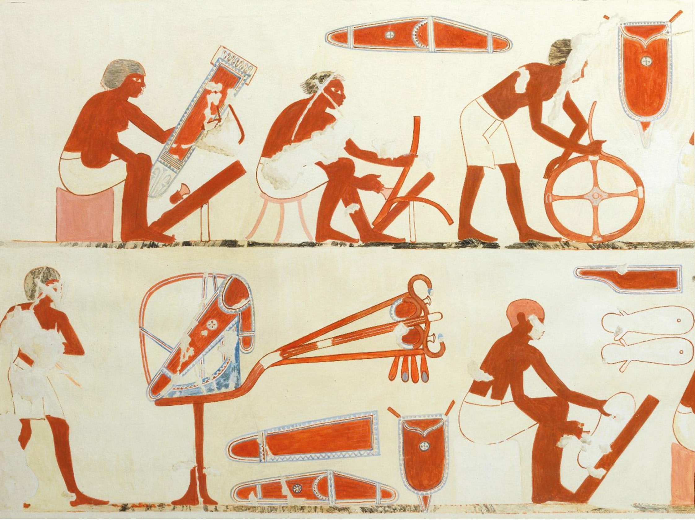 below Craftsmen working in wood and leather to build chariots. Copy of a wall scene in the Tomb of Hapu (TT66) at Thebes (c.1400-1390 BC).