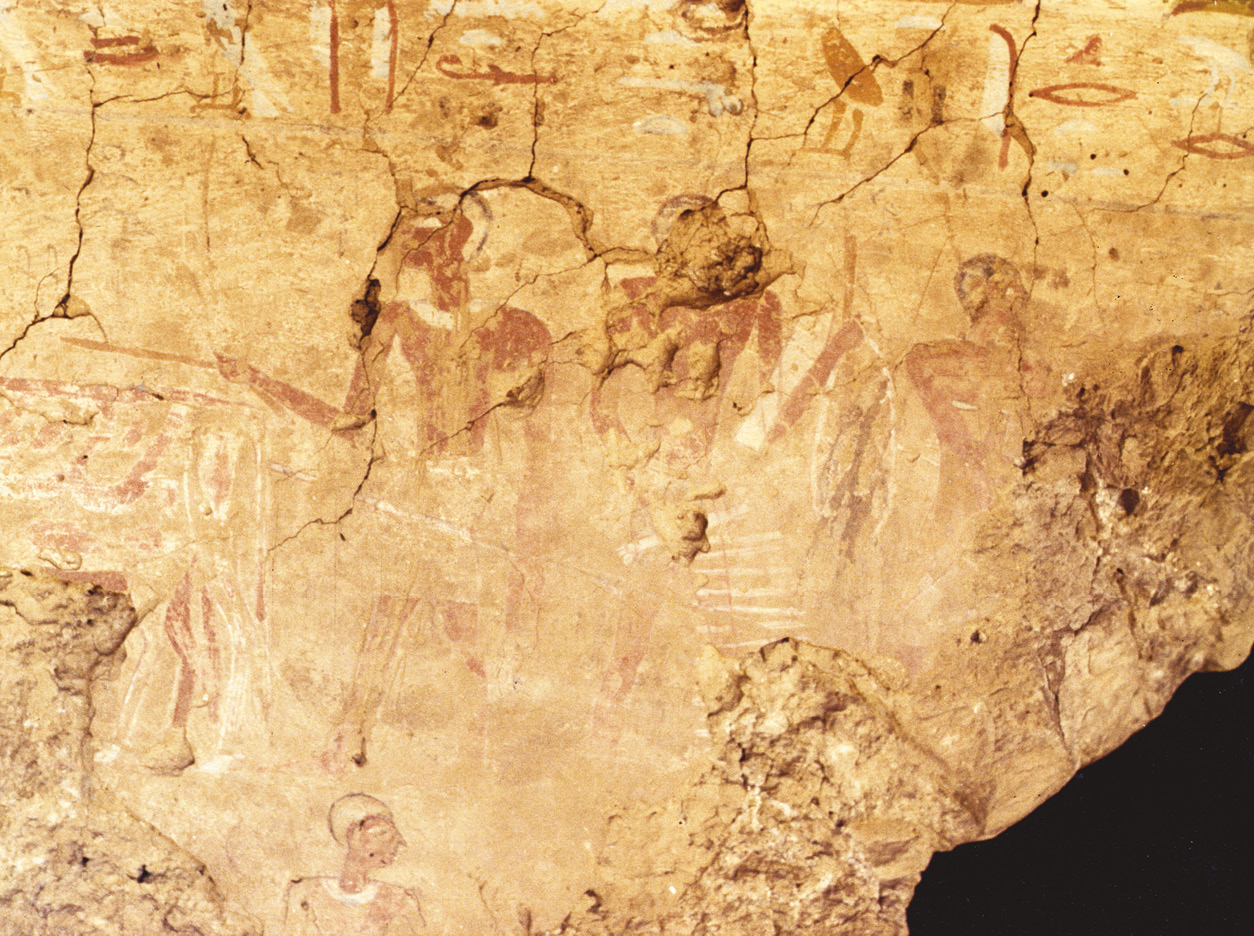left A poorly preserved scene from the Tomb of Horemkhauef depicting men herding cattle below A gazelle caught in a rope-and-stone trap in a desert scene from the Tomb of Horemkhauef.