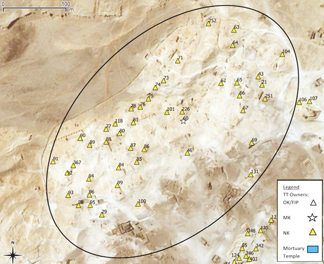 above The distribution of tombs belonging to royal administrators, marked by yellow triangles. These highest officials were able to select the best sites for their tombs in Upper Qurna.