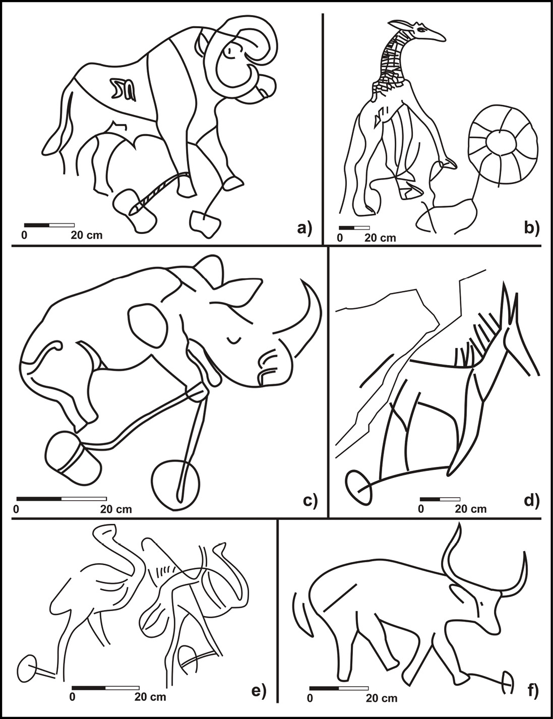 below A drawing of several pieces of rock art showing different desert animals ensnared in similar rope-and-stone tether traps.
