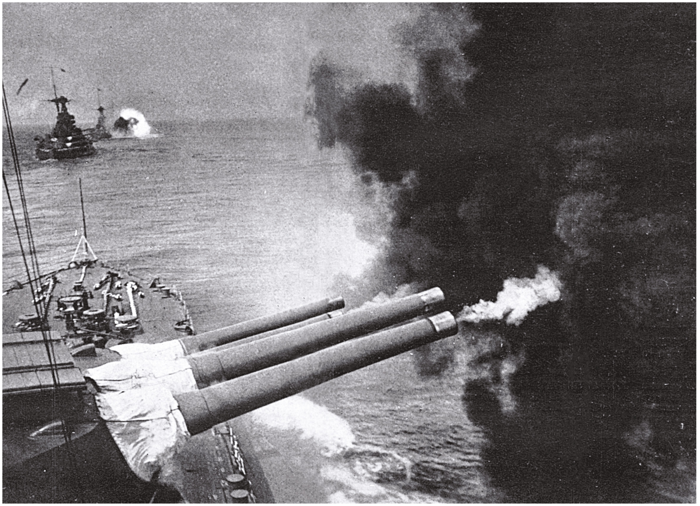 above The three British warships that played the leading role in the Battle of Cape Matapan. In the foreground, firing a broadside, is HMS Valiant, with HMS Barham and HMS Warspite behind.