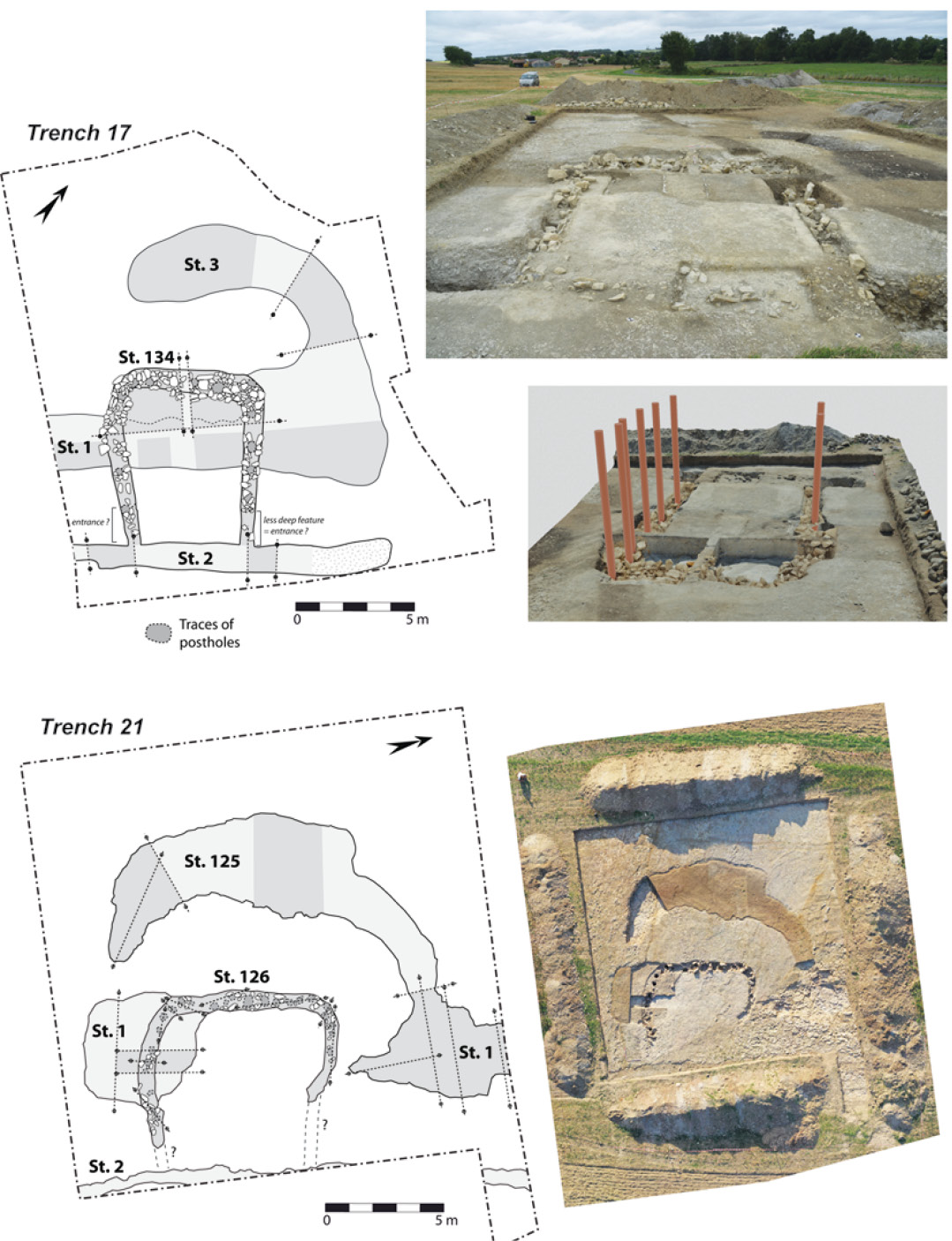 right The site’s defences were increased by the construction of two large entrance structures, protected by unusual ‘crab claw’ ditches.