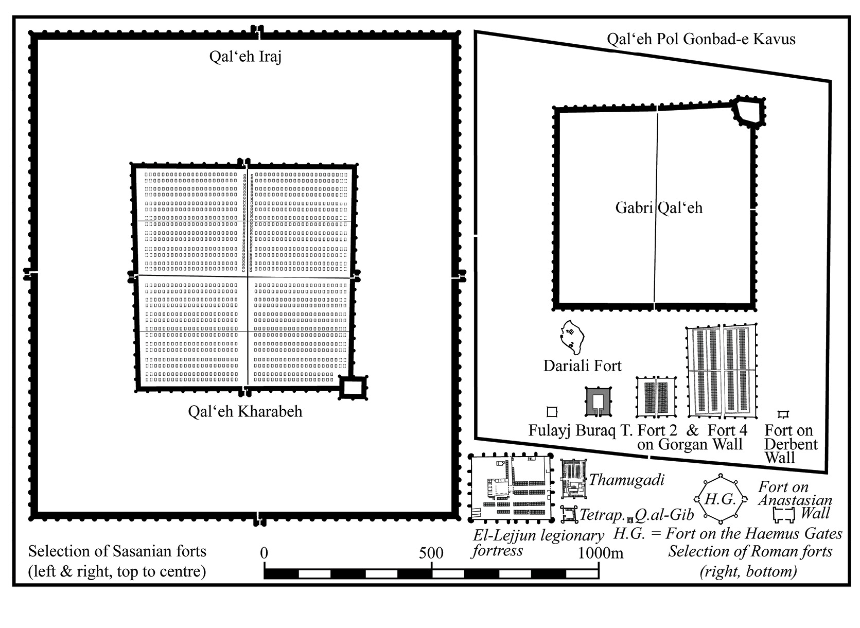 left This size-comparison shows a selection of Sasanian and late Roman military compounds plotted to the same scale. Qal‘eh Iraj is 40 times larger than the late Roman legionary fortress of El-Lejjun. Qal‘eh Iraj, Qal‘eh Pol Gonbad-e Kavus, and Gabri Qal‘eh are empty in the interior and were almost certainly, like Qal‘eh Kharabeh, giant military tent cities.﻿