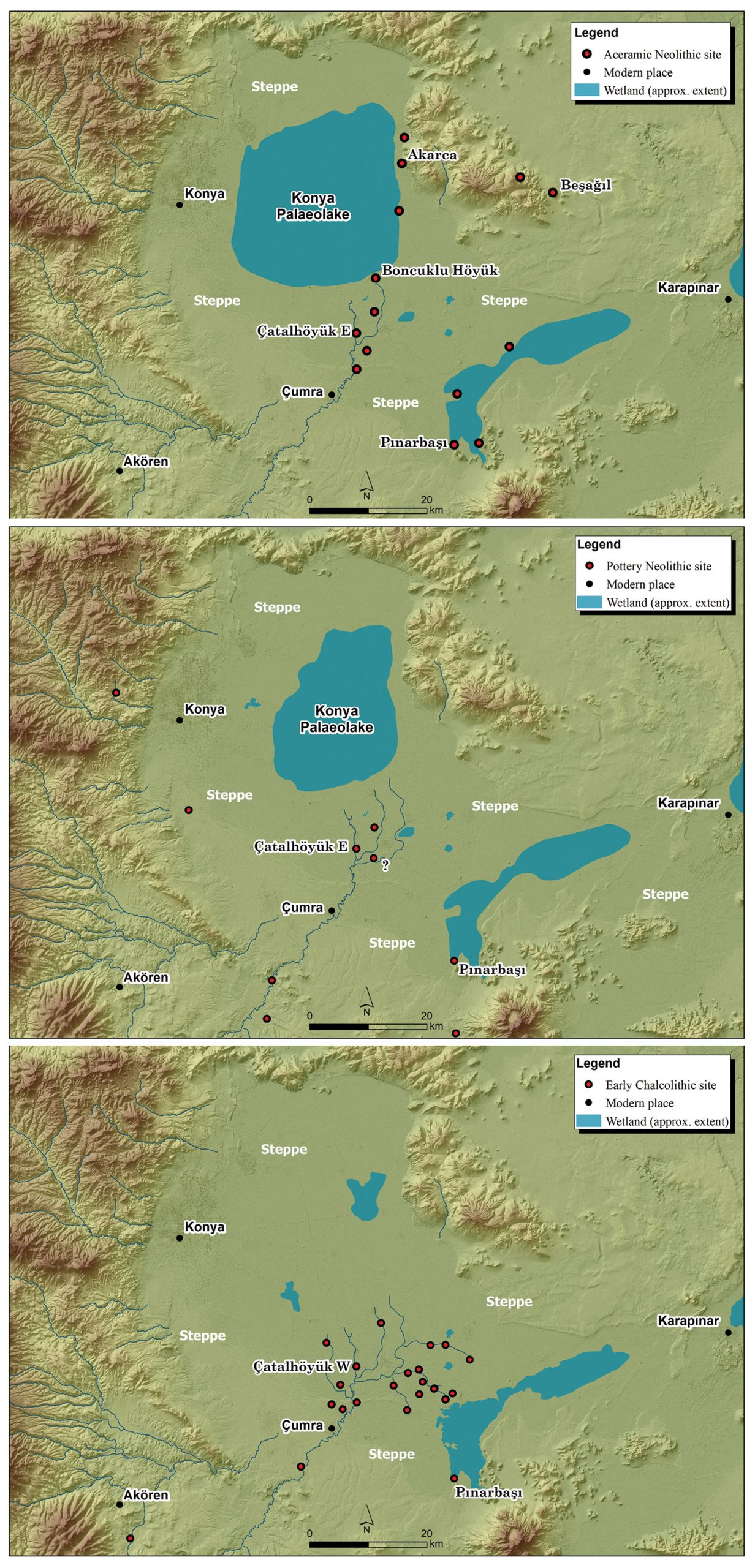 left The distribution of known sites on the Konya Plain during the (a) Aceramic Neolithic (10th-8th millennia BC), (b) Pottery Neolithic (7th millennium BC), and (c) Early Chalcolithic (c.6000-5500 BC).